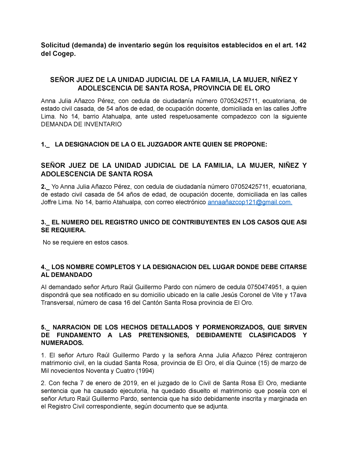 Solicitud Demanda De Inventario 142 Del Cogep SeÑor Juez De La Unidad Judicial De La 0005