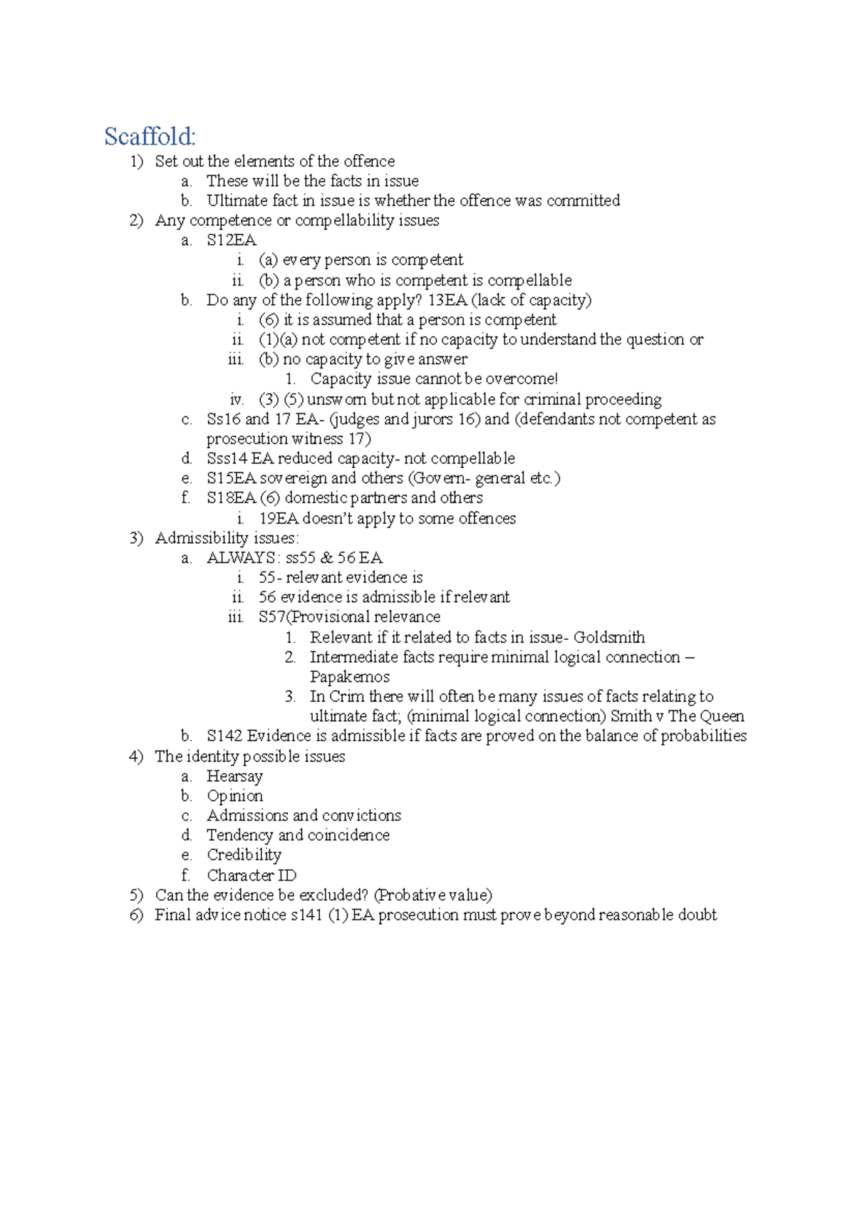Evidence Scaffold Scaffold Set out the elements of the offence a