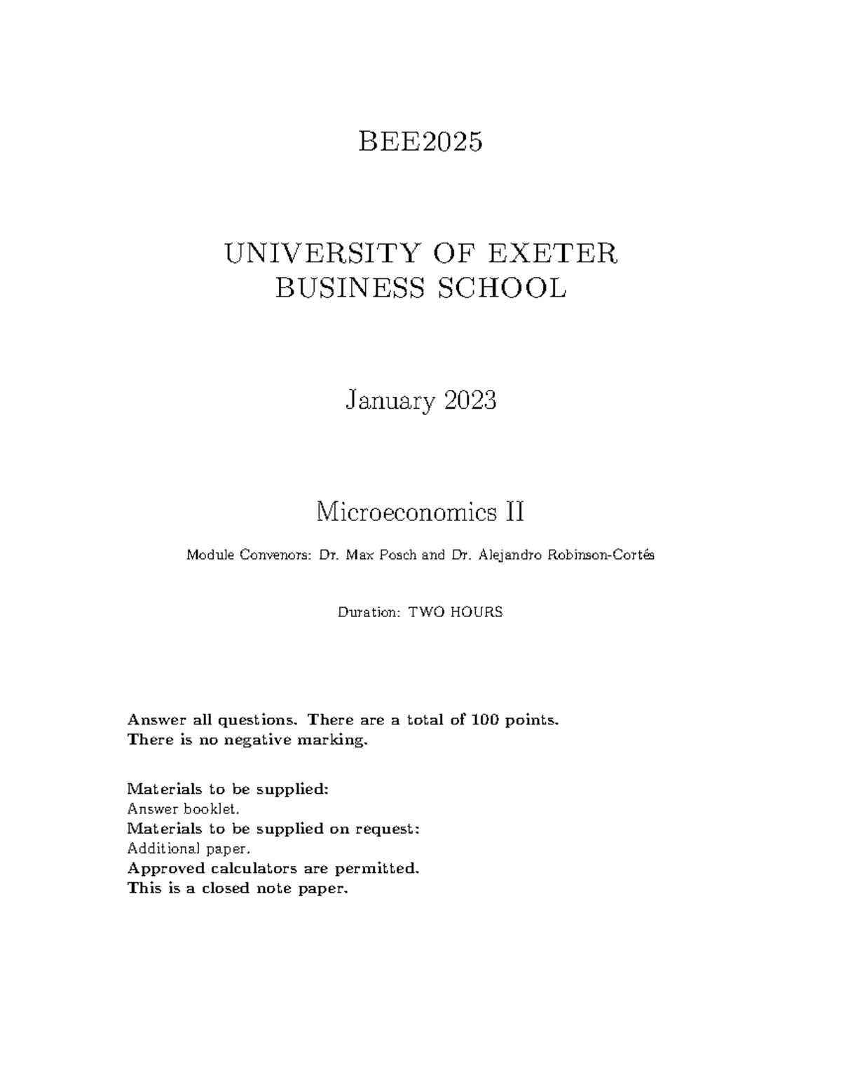 22 - 23 Final Exam - BEE UNIVERSITY OF EXETER BUSINESS SCHOOL January ...