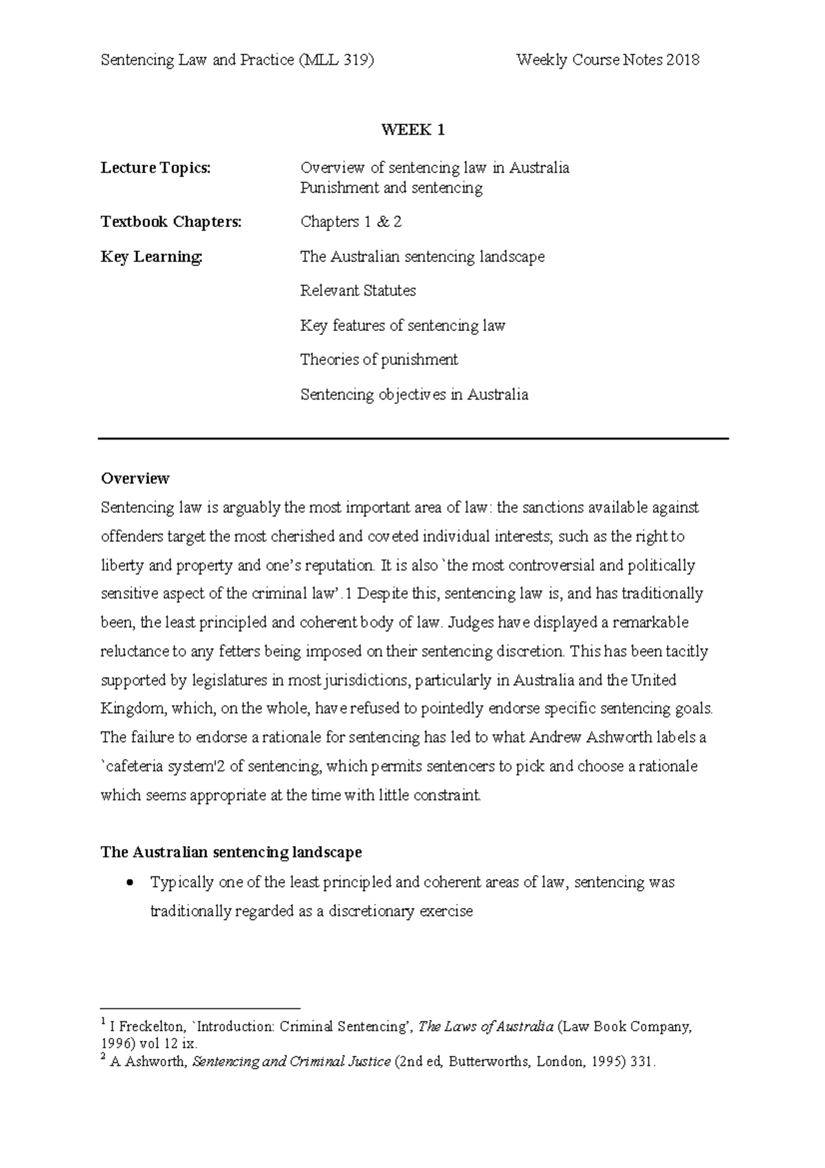 Sentencing Notes - Week 1 - Sentencing Law and Practice (MLL 319 ...