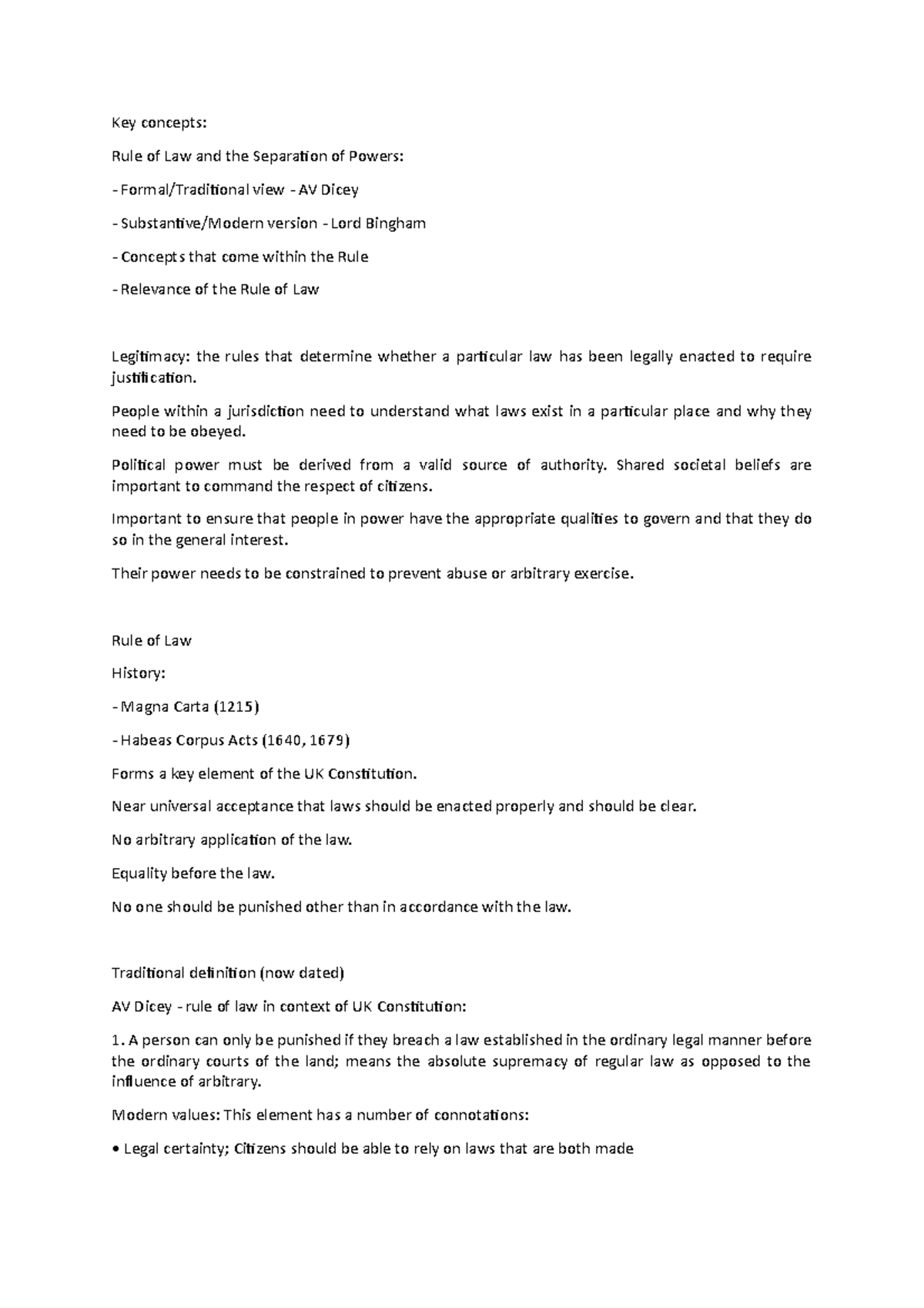Con Law notes Unit 4 Key concepts Rule of Law and the Separation