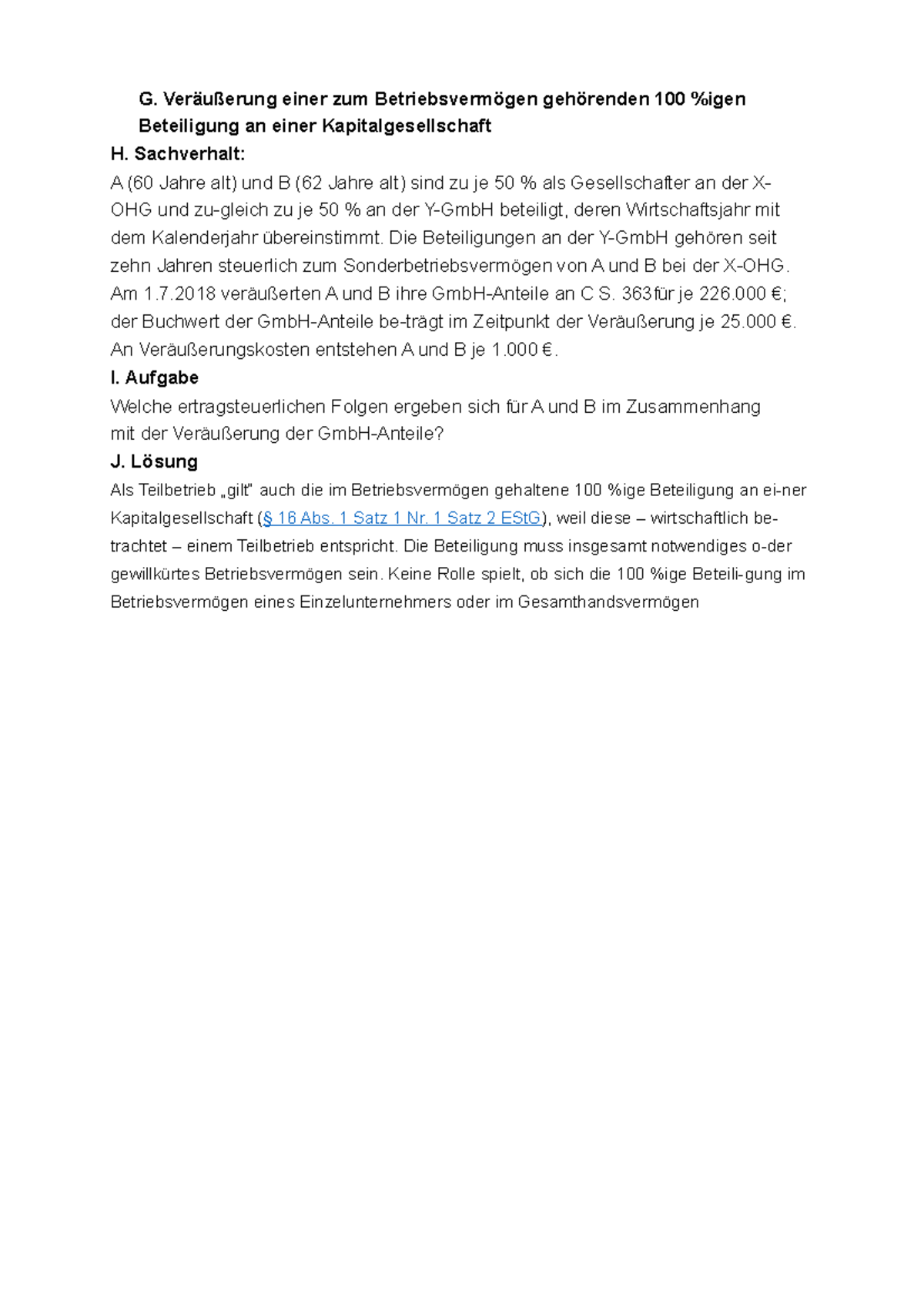 Lösungen Teil 2 - G. Veräußerung einer zum Betriebsvermögen gehörenden 100 %igen Beteiligung an ...