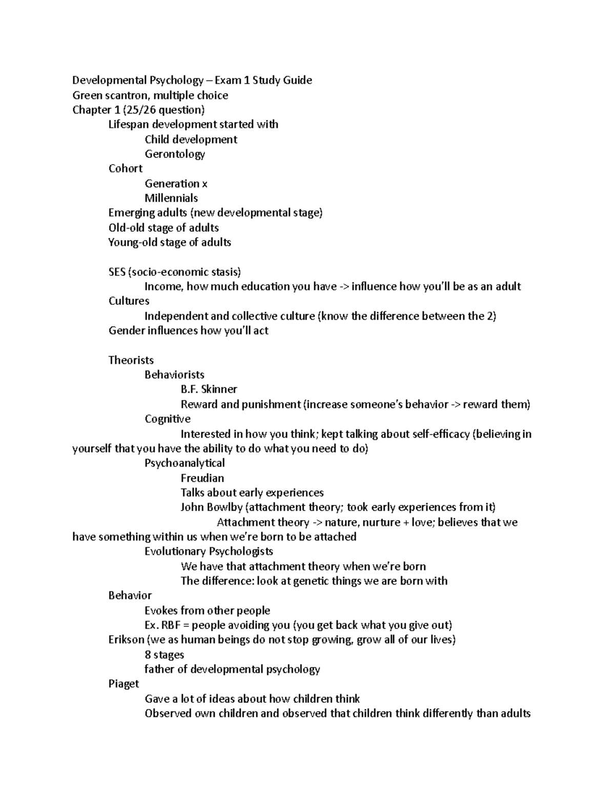 Developmental Psychology – Exam 1 Study Guide - Developmental ...