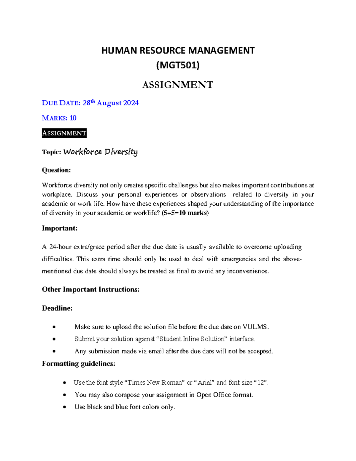 Summer 2024 MGT501 1 - HUMAN RESOURCE MANAGEMENT (MGT501) ASSIGNMENT ...
