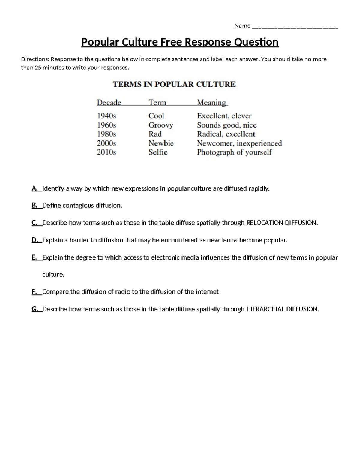 Pop culture FRQ - Gggg - Name ___________________________ Popular ...