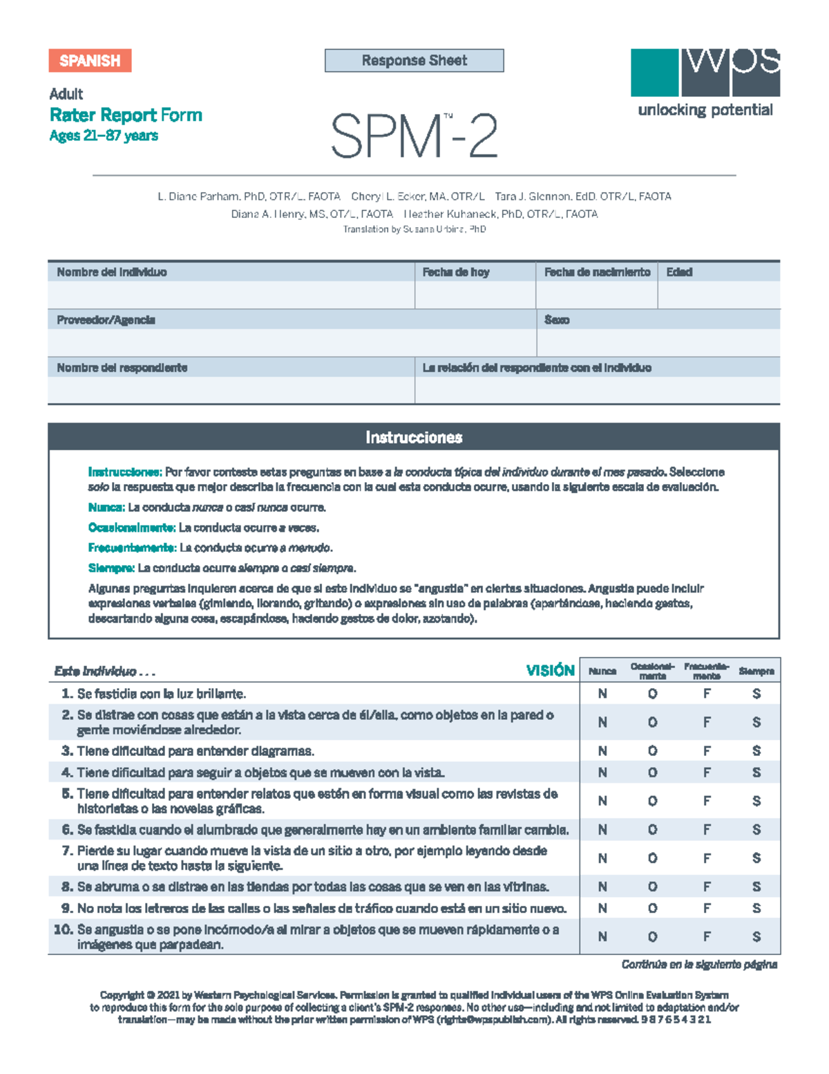 Spm2 Adult Reporte de terceros - SPANISH Response Sheet WOS Adult Rater ...