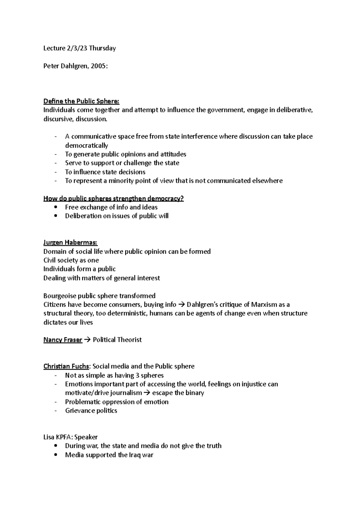Lecture 2323 Thurs Peter Dahlgren Define the Public Sphere
