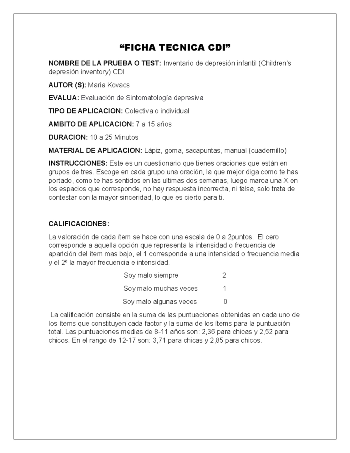 Ficha Tecnica - “FICHA TECNICA CDI” NOMBRE DE LA PRUEBA O TEST ...
