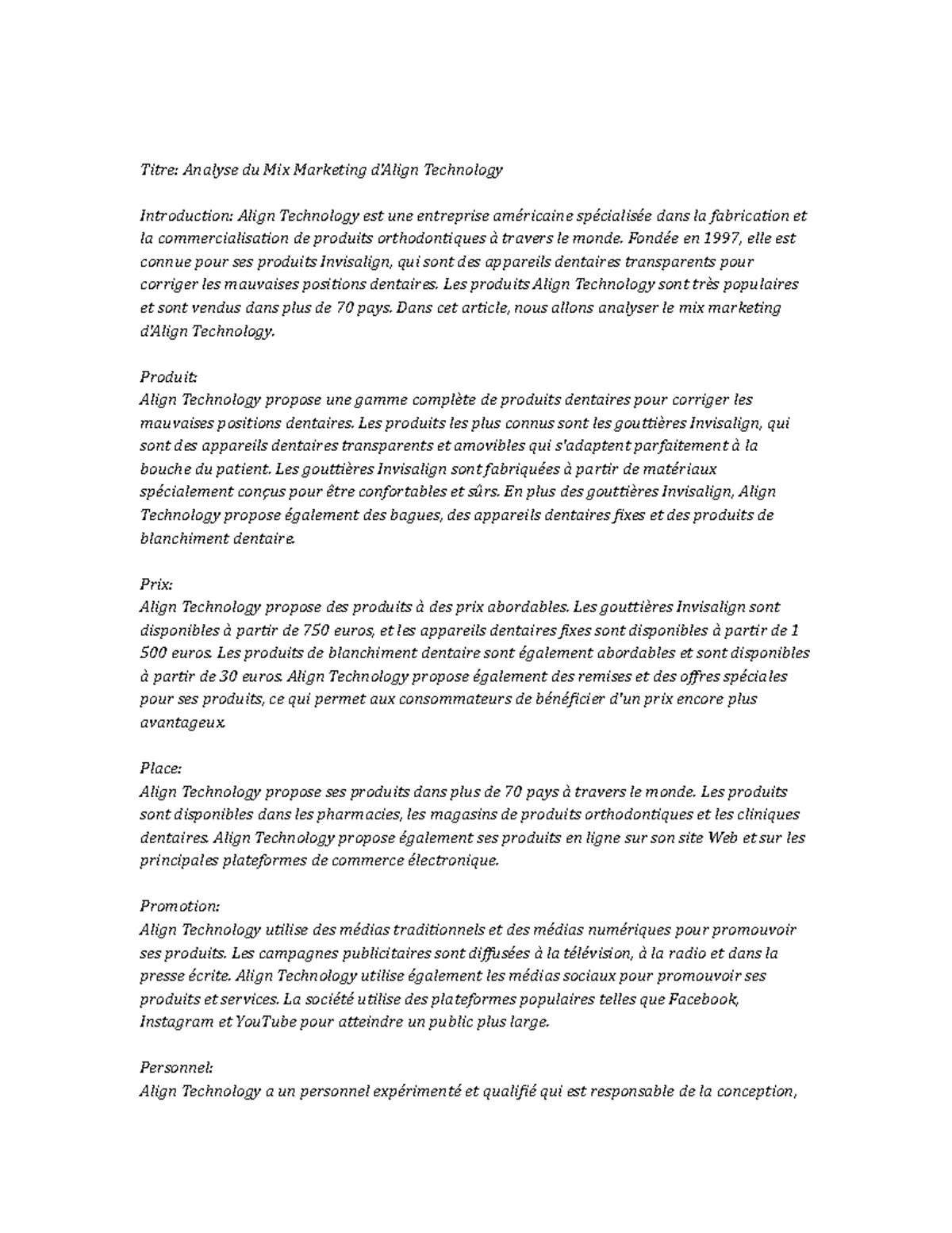 Align Technology marketing mix Titre Analyse du Mix Marketing d