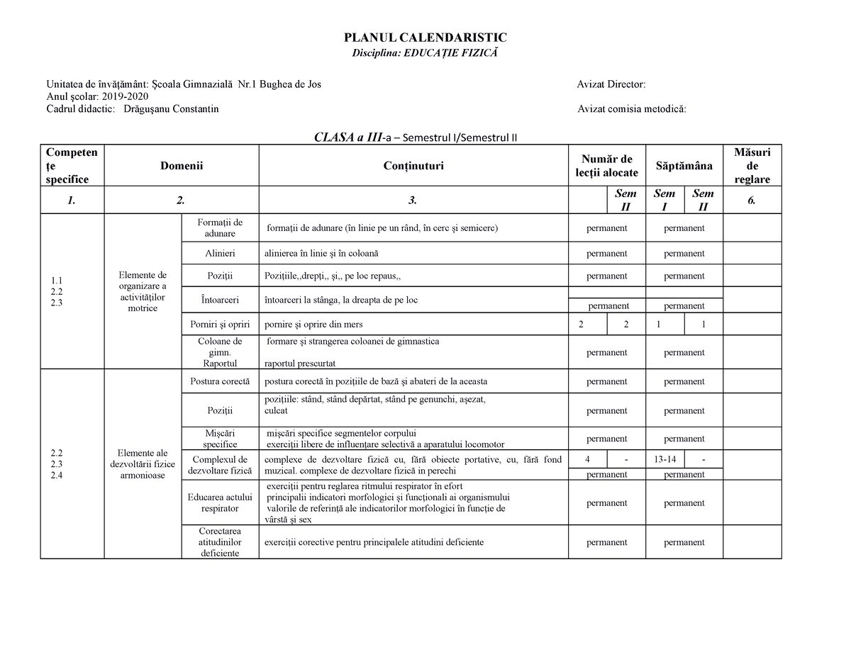 Planificare Cls - Da Ce Sa Mai Zioc - PLANUL CALENDARISTIC Disciplina ...