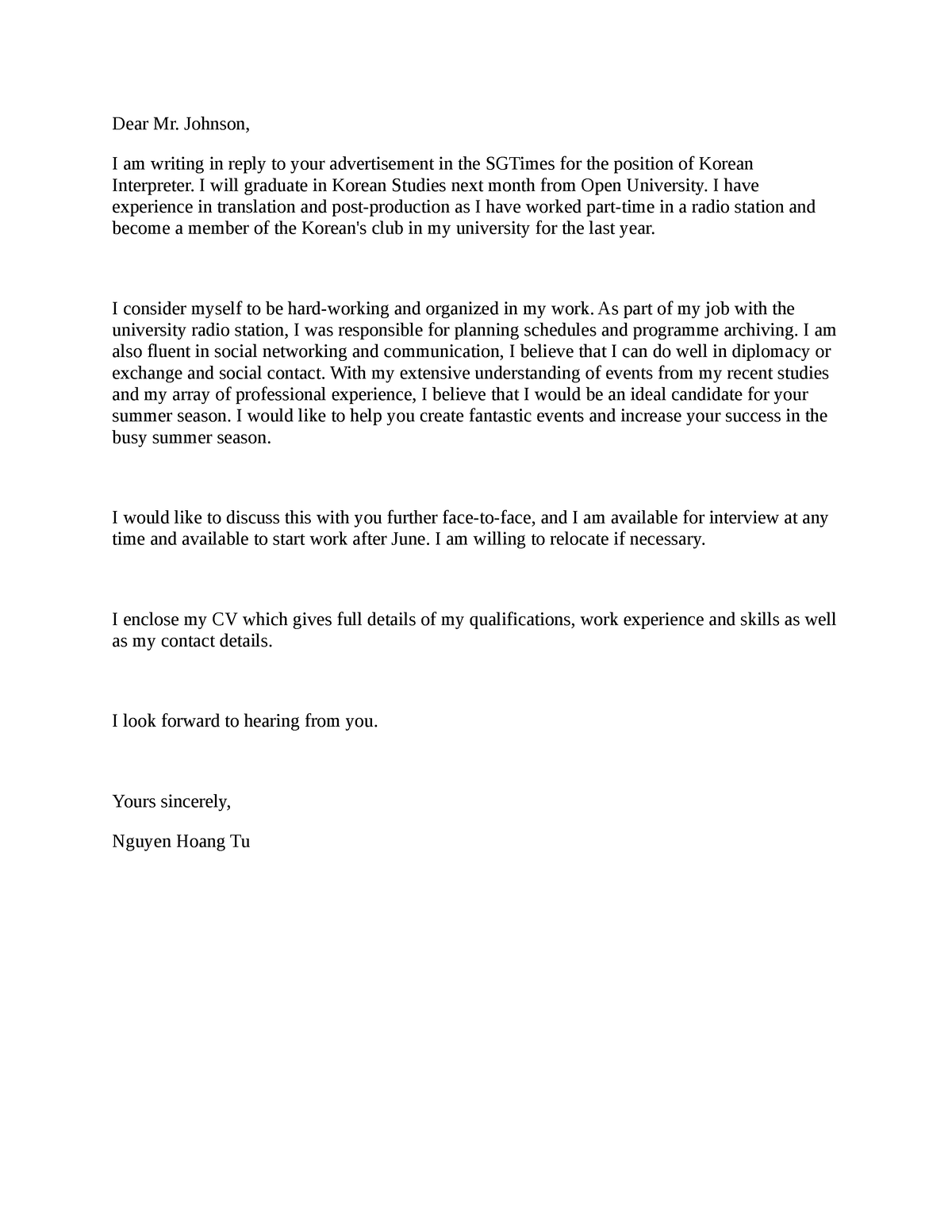 CV - ...... - Dear Mr. Johnson, I am writing in reply to your ...