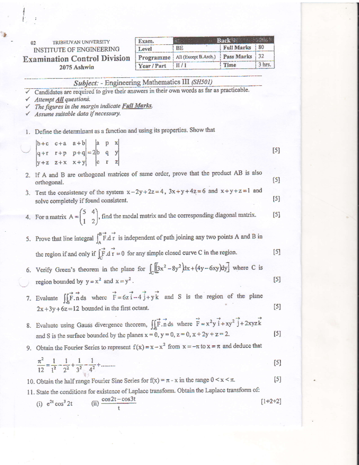 Maths Iii Past Questions - J T 02 Tribhuvan Tiniversity Tnstitute Of 