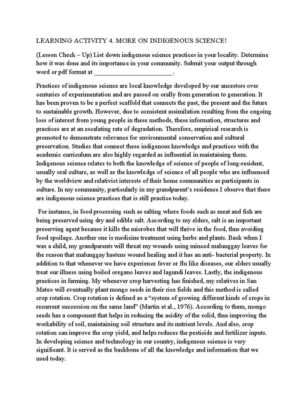 Activity 4 - LEARNING ACTIVITY 4. MORE ON INDIGENOUS SCIENCE! (Lesson ...