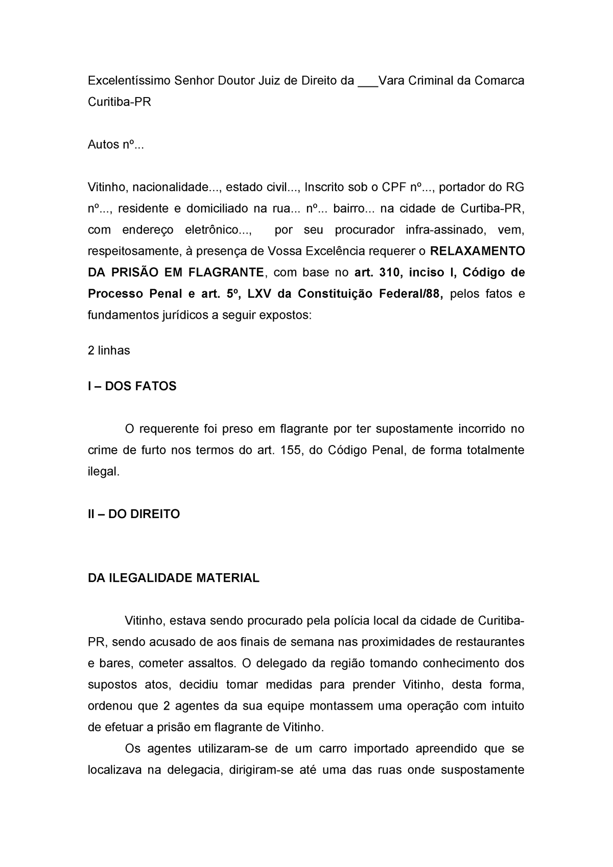 Relaxamento Da Prisao Em Flagrantee Nviado Excelentíssimo Senhor Doutor Juiz De Direito Da 5401