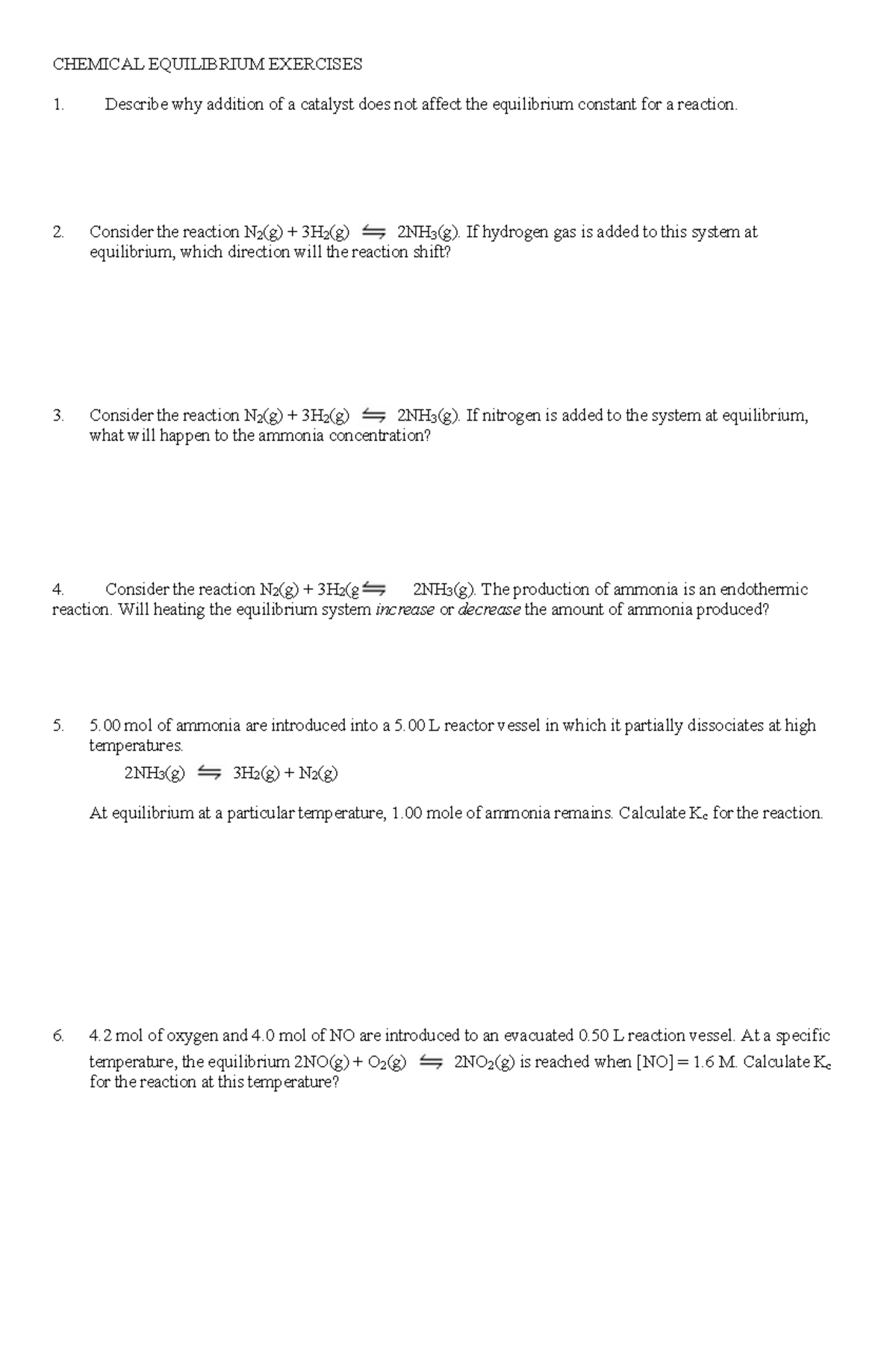 Chemical Equilibrium Exercise - CHEMICAL EQUILIBRIUM EXERCISES Describe ...