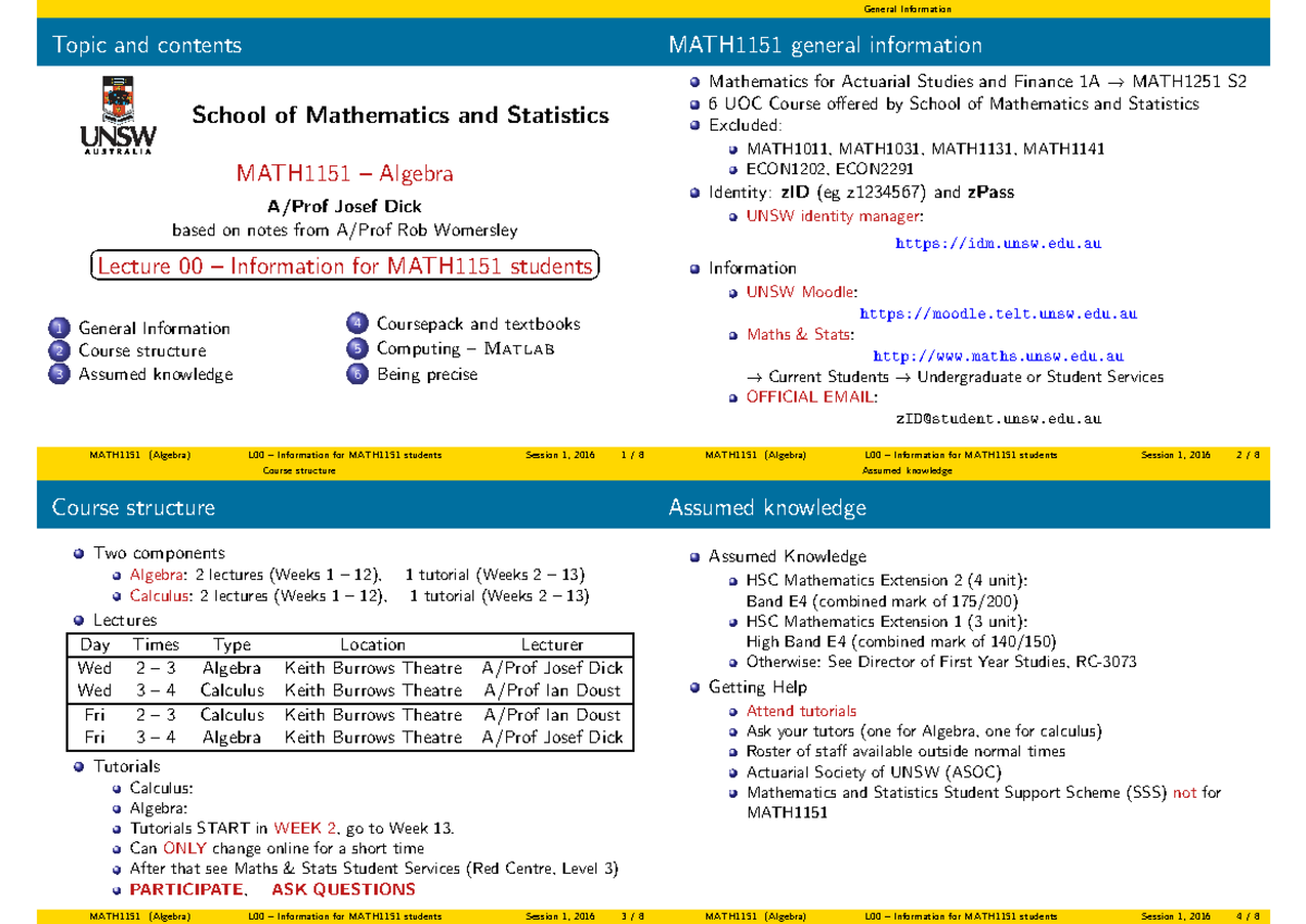 Lect00p4 Math1151 Lecture Notes Mathematics For Actuarial Studies Studocu