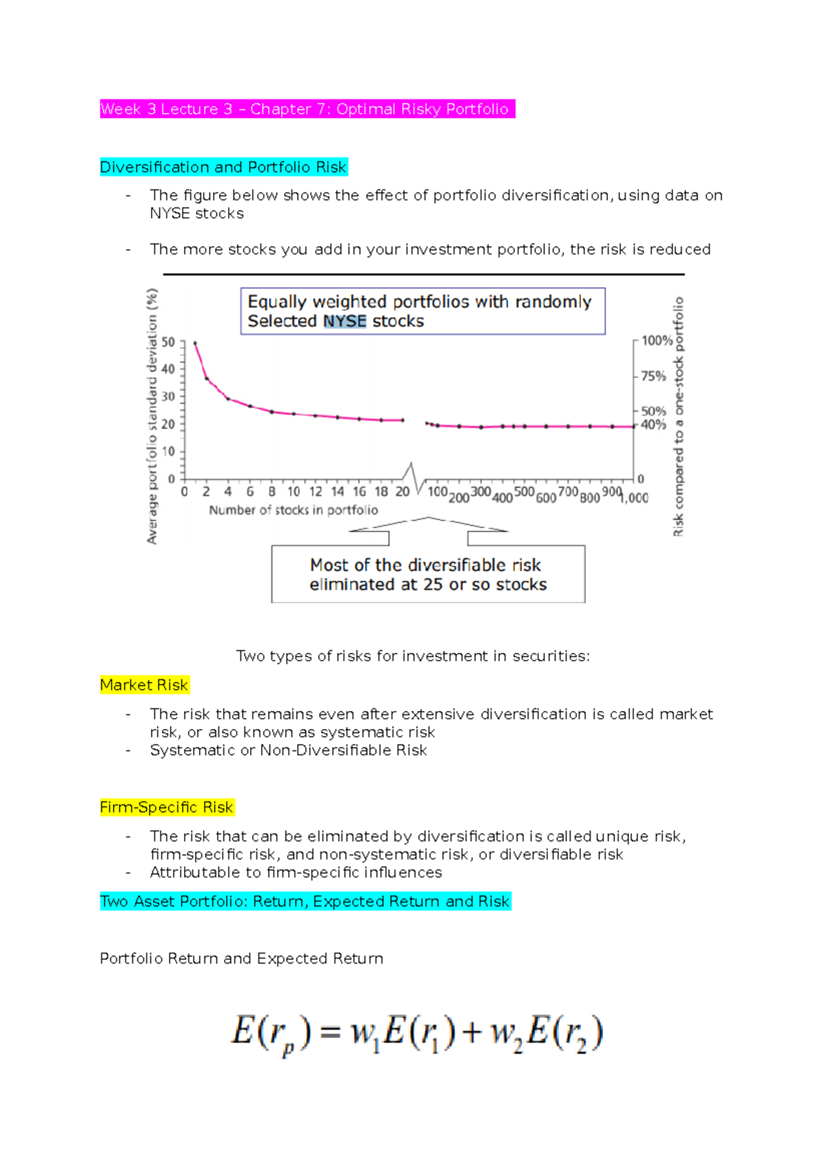 Lecture 3 Notes - Optimal Risky Portfolios - Week 3 Lecture 3 – Chapter ...