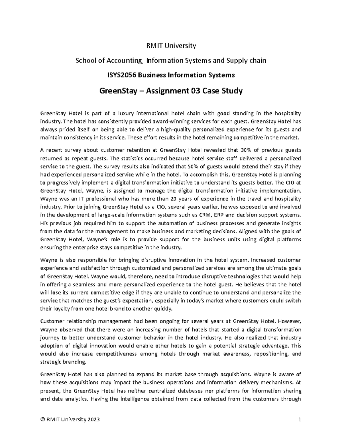 Assignment A 03 Case Scenario S1 2023 - RMIT University School of ...