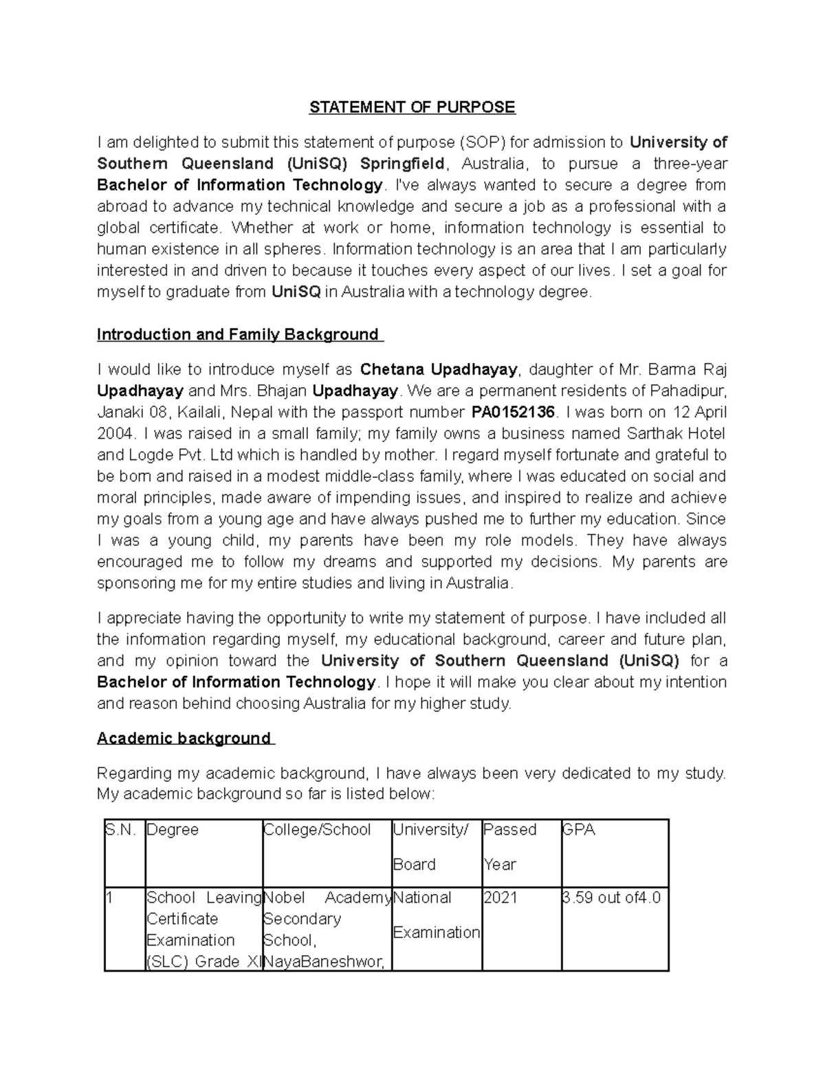SOP of USQ - STATEMENT OF PURPOSE I am delighted to submit this ...