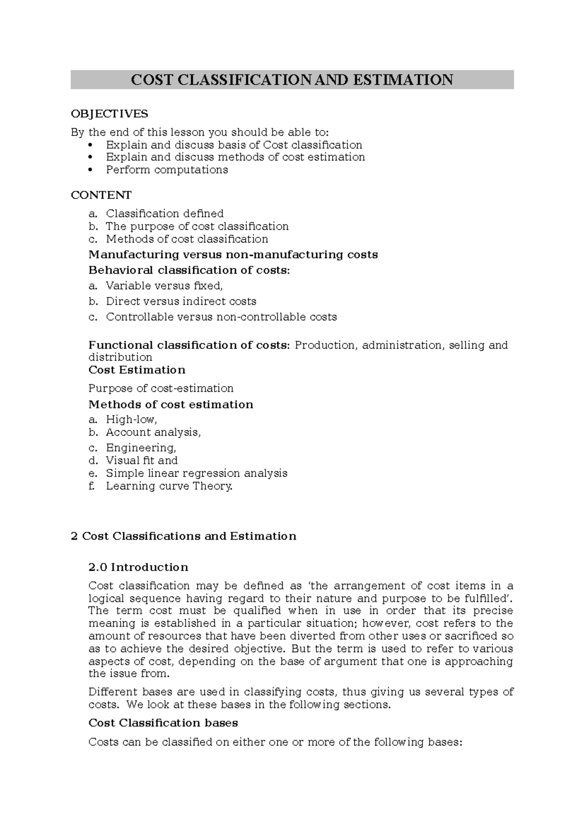 COST Classification AND Estimation - COST CLASSIFICATION AND ESTIMATION ...