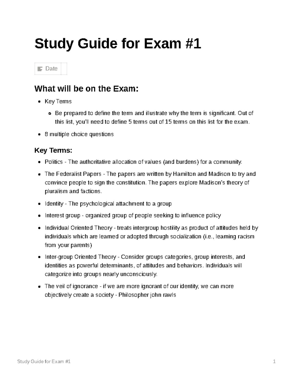 Study Guide for Exam 1 - Out of this list, you’ll need to define 5 ...