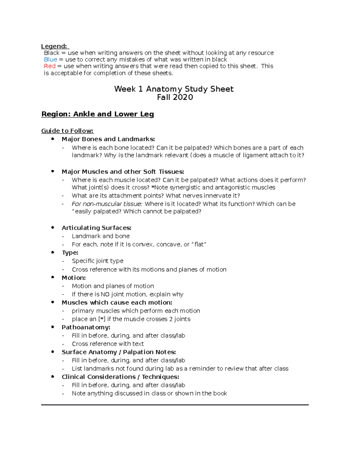Week 1 Ankle and Lower Leg Study Sheet - Legend: Black = use when ...