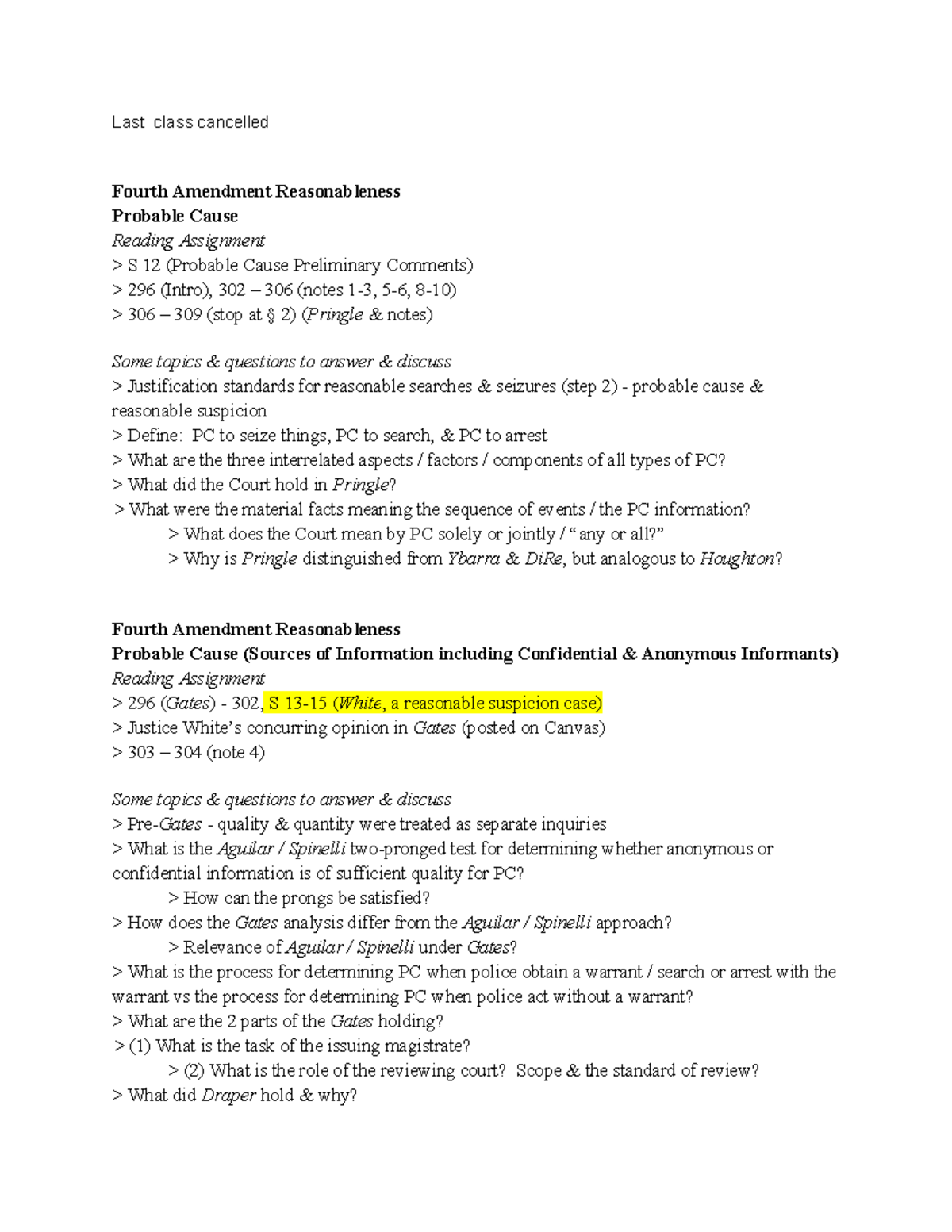 Class 10 feb 21 Last class cancelled Fourth Amendment