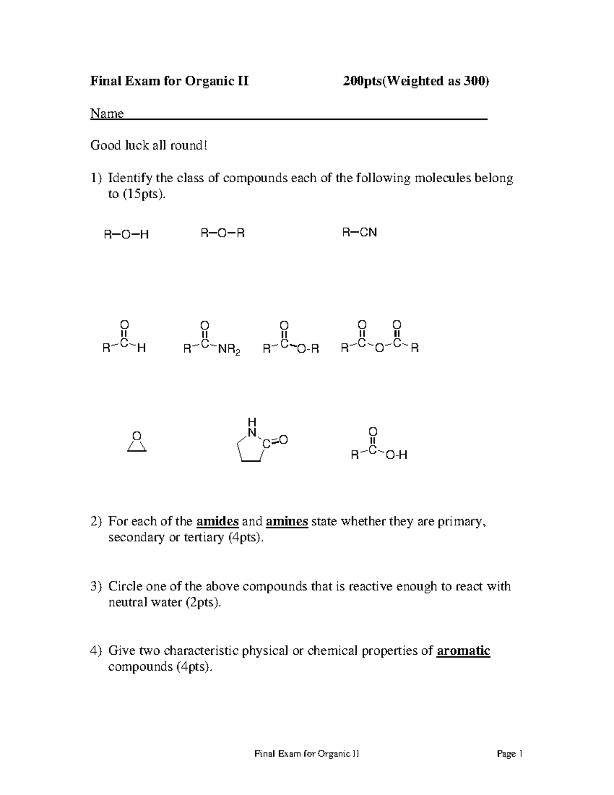 Su99org2final - practice exam - Final Exam for Organic II 200pts ...