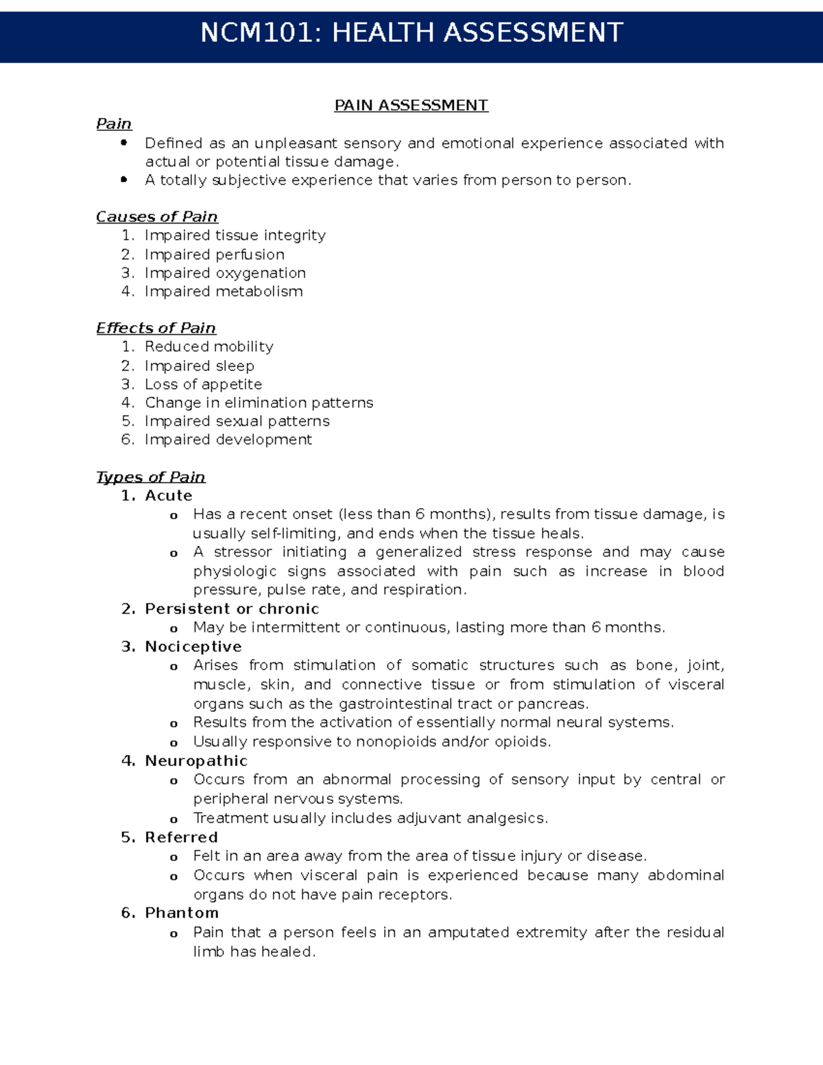 Pain Assessment Pain Assessment Pain Defined As An Unpleasant Sensory