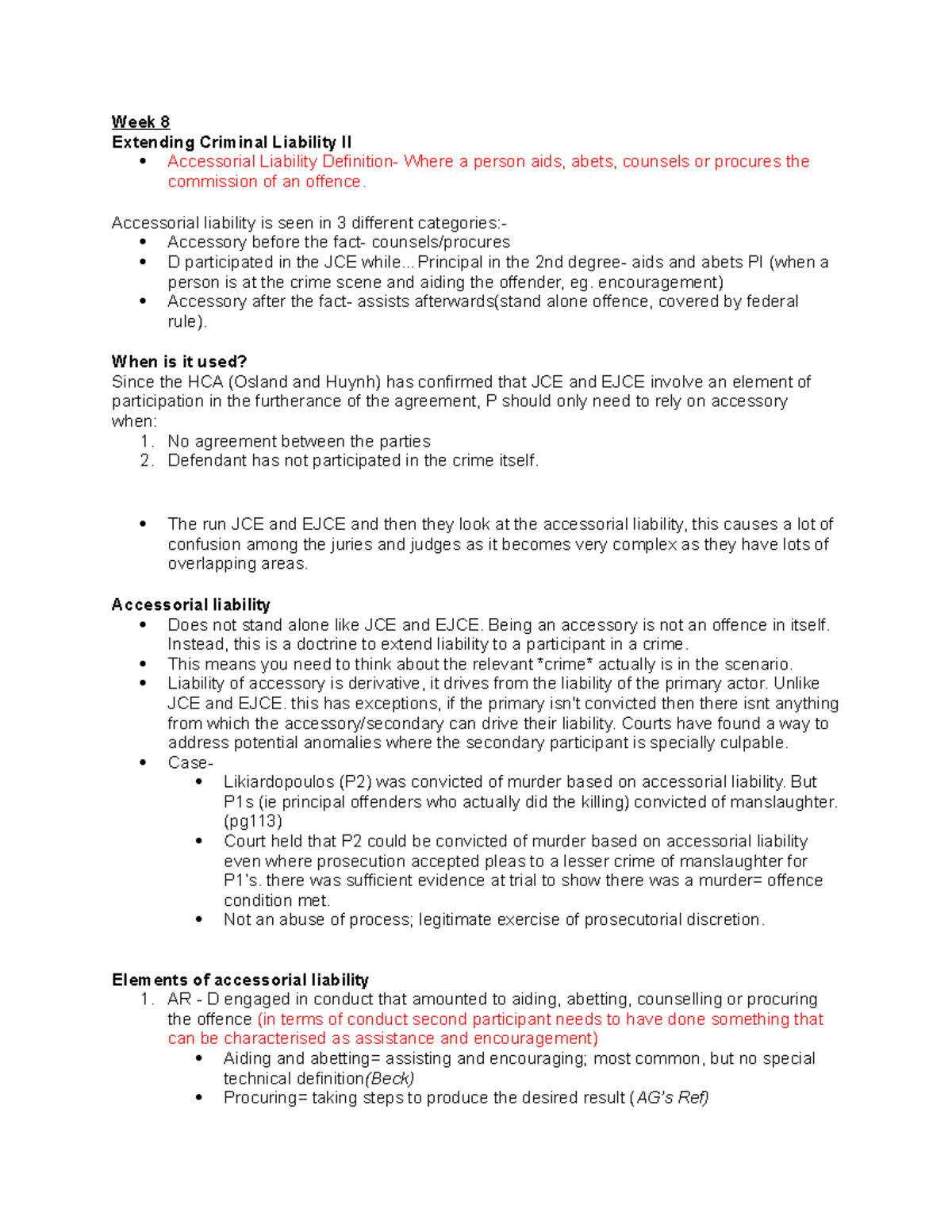 Week 8 LLb1180 notes Week 8 Extending Criminal Liability II