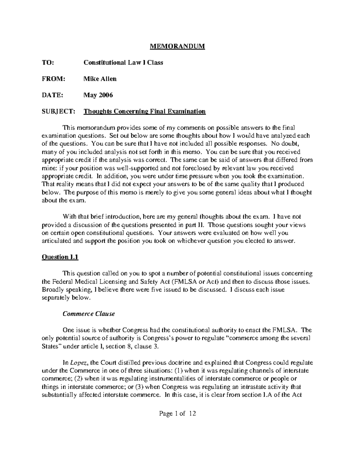 Allen conlaw final exam 2006 answers - MEMORANDUM TO: Constitutional ...