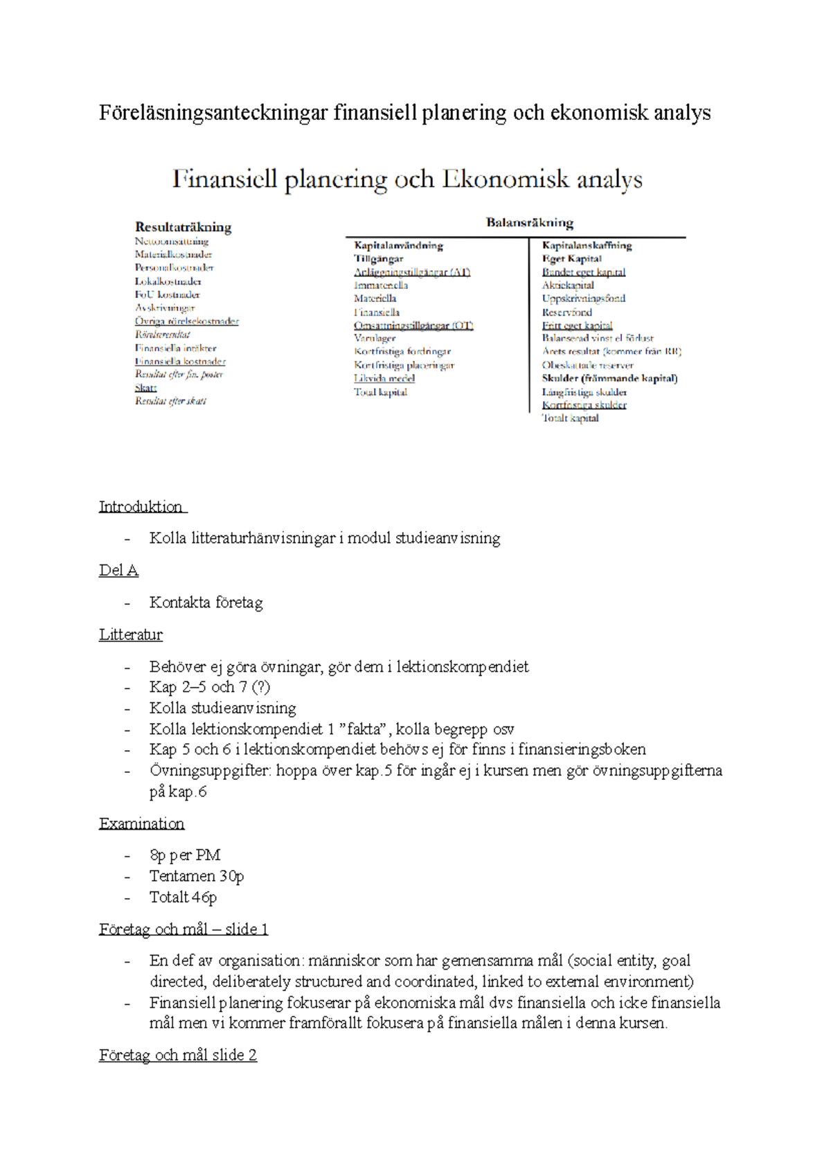 Föreläsningsanteckningar Finansiell Planering Och Ekonomisk Analys ...