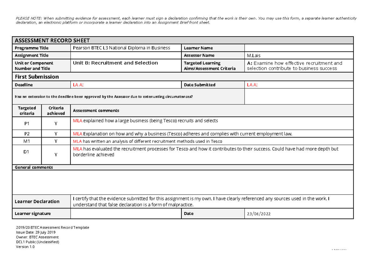 Btec Assessment Decision Unit 8 La A Mla Please Note When Submitting Evidence For