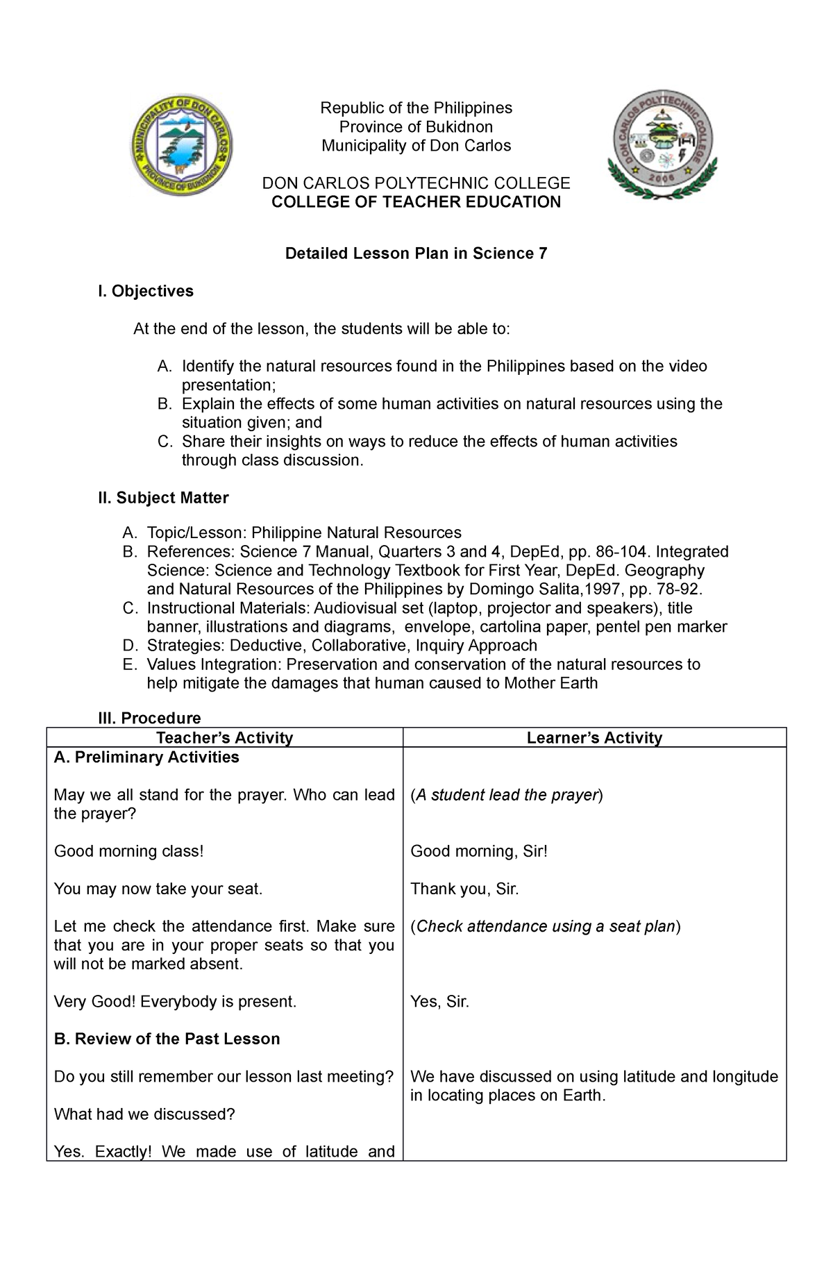 Detailed Lesson PLAN Format - Republic of the Philippines Province of ...