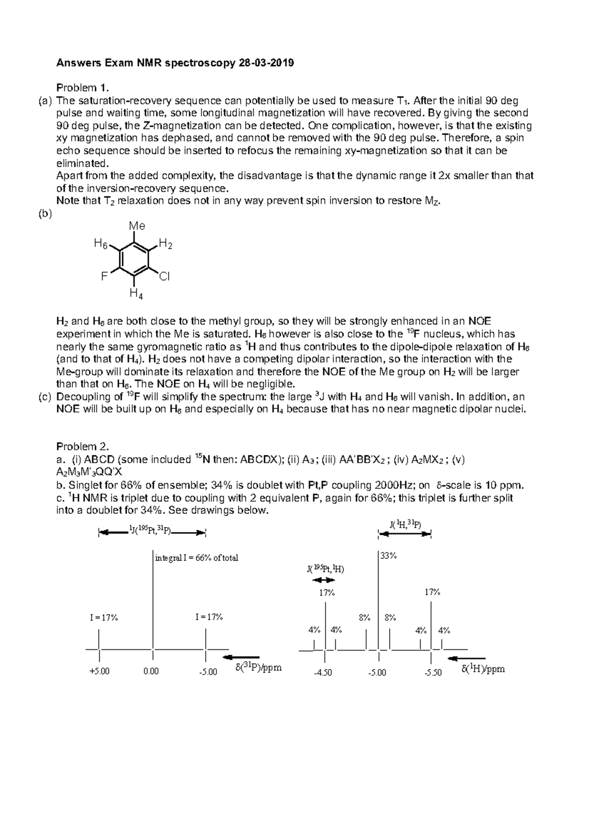 Answers NMR exam 280320191 Answers Exam NMR spectroscopy 2803