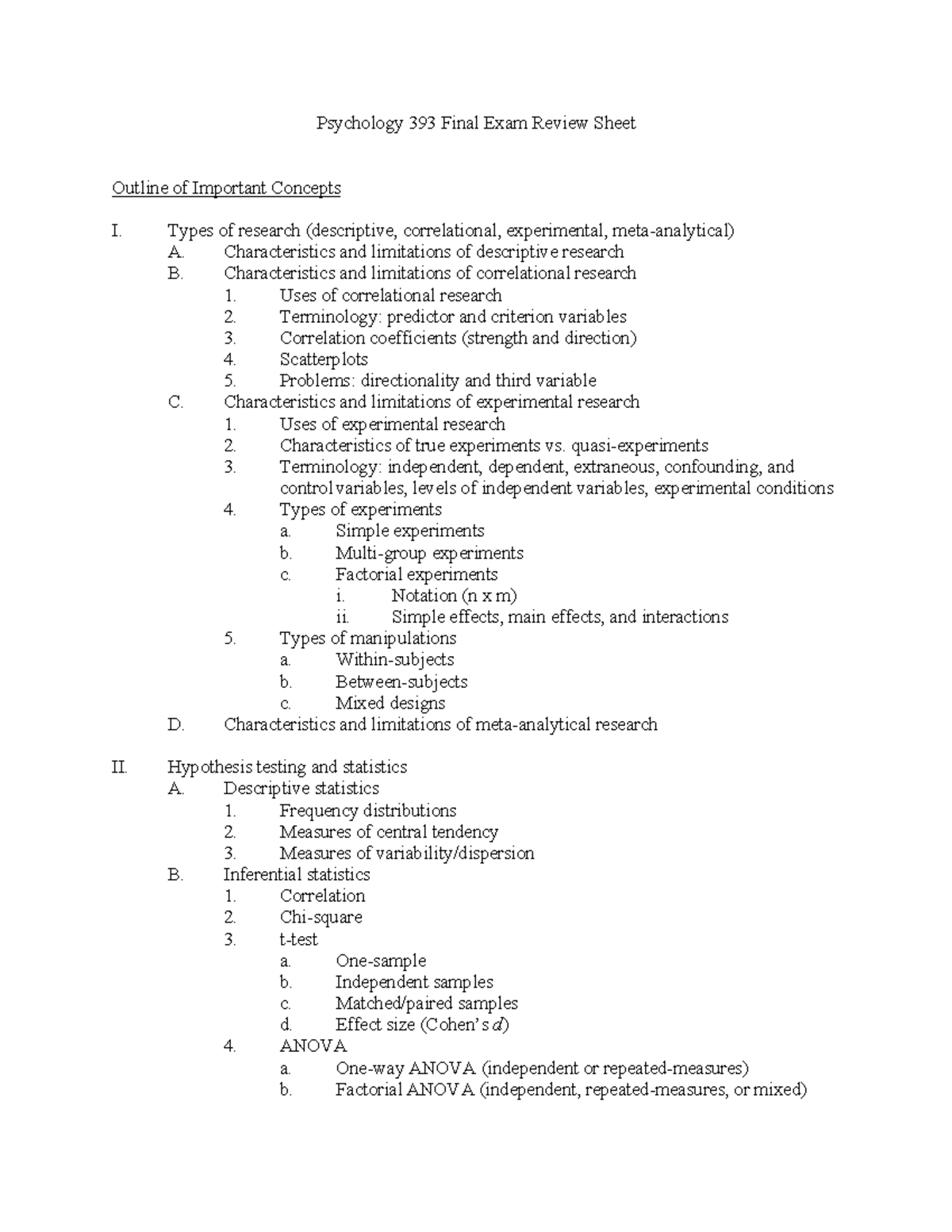 Review outline - N/A - Psychology 393 Final Exam Review Sheet Outline ...