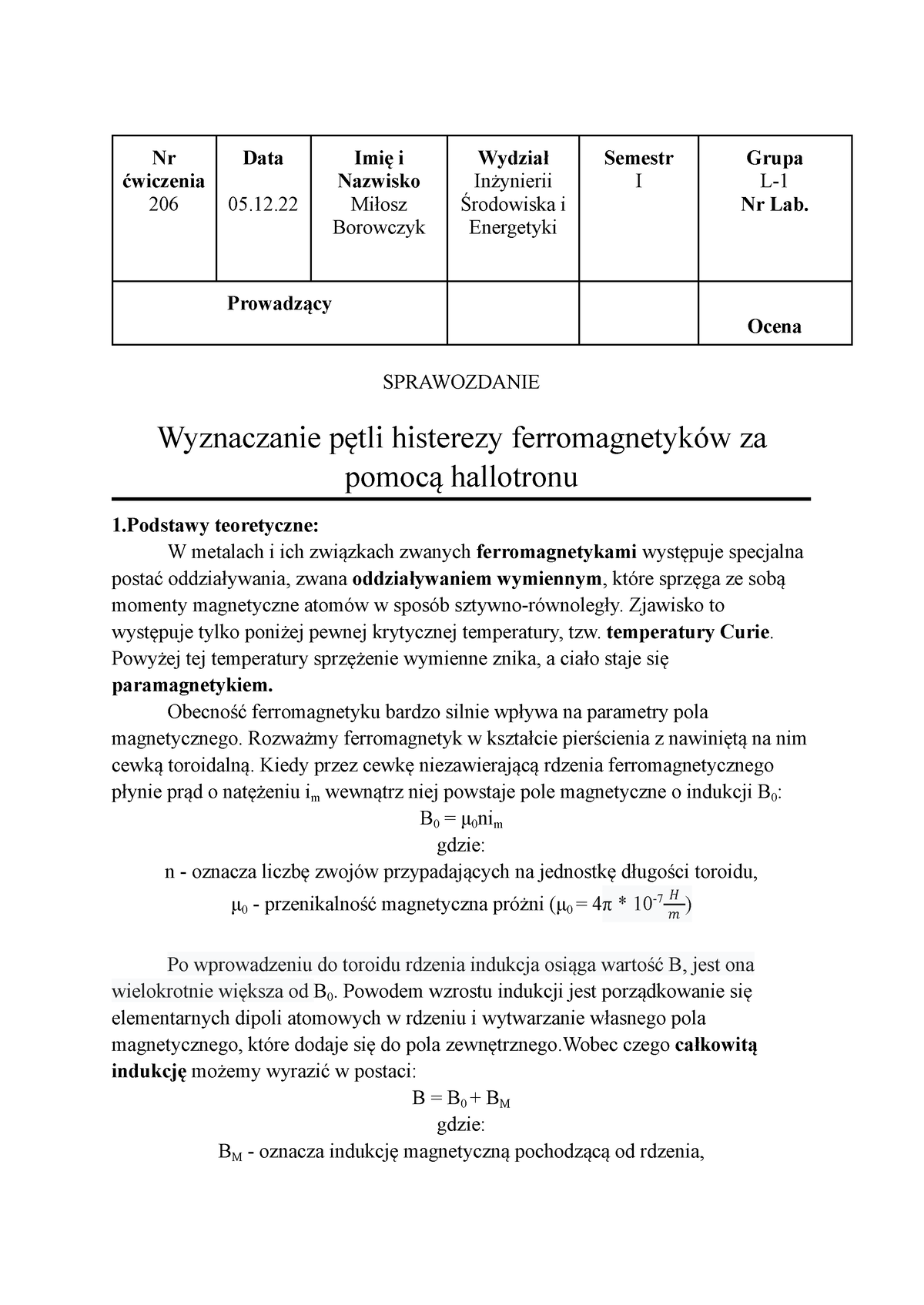 Wyznaczanie Pętli Histerezy Ferromagnetyków Za Pomocą Hallotronu - ćw ...