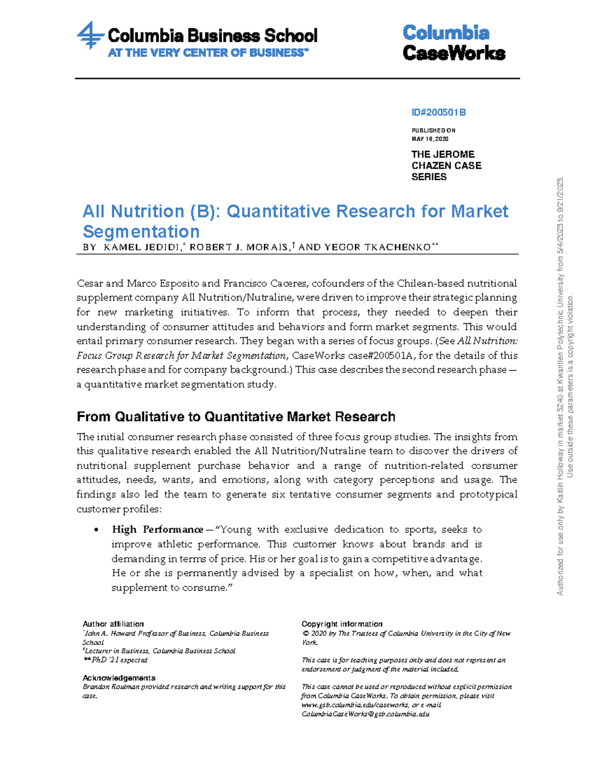 All Nutrition (B)- Quantitative Research For Market Segmentation - BUS ...