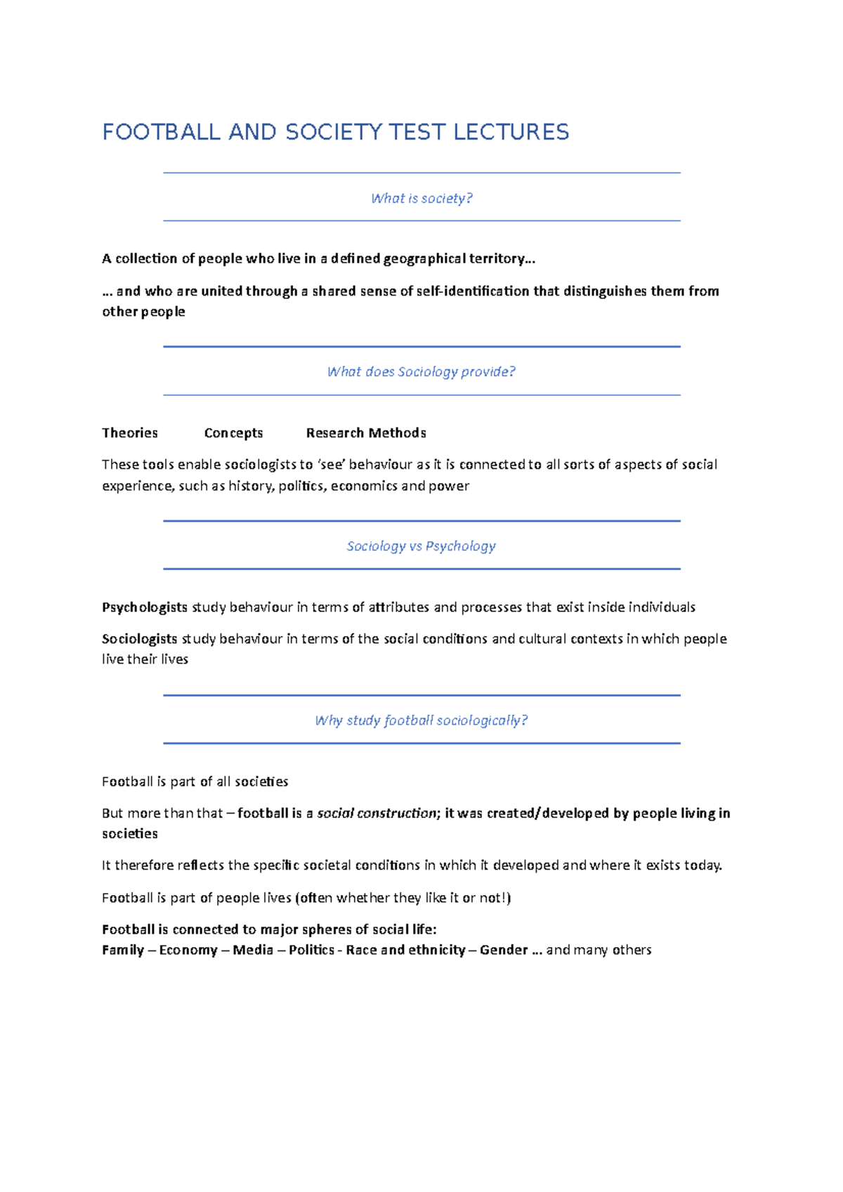 Football and Society Lectures FOOTBALL AND SOCIETY TEST LECTURES What