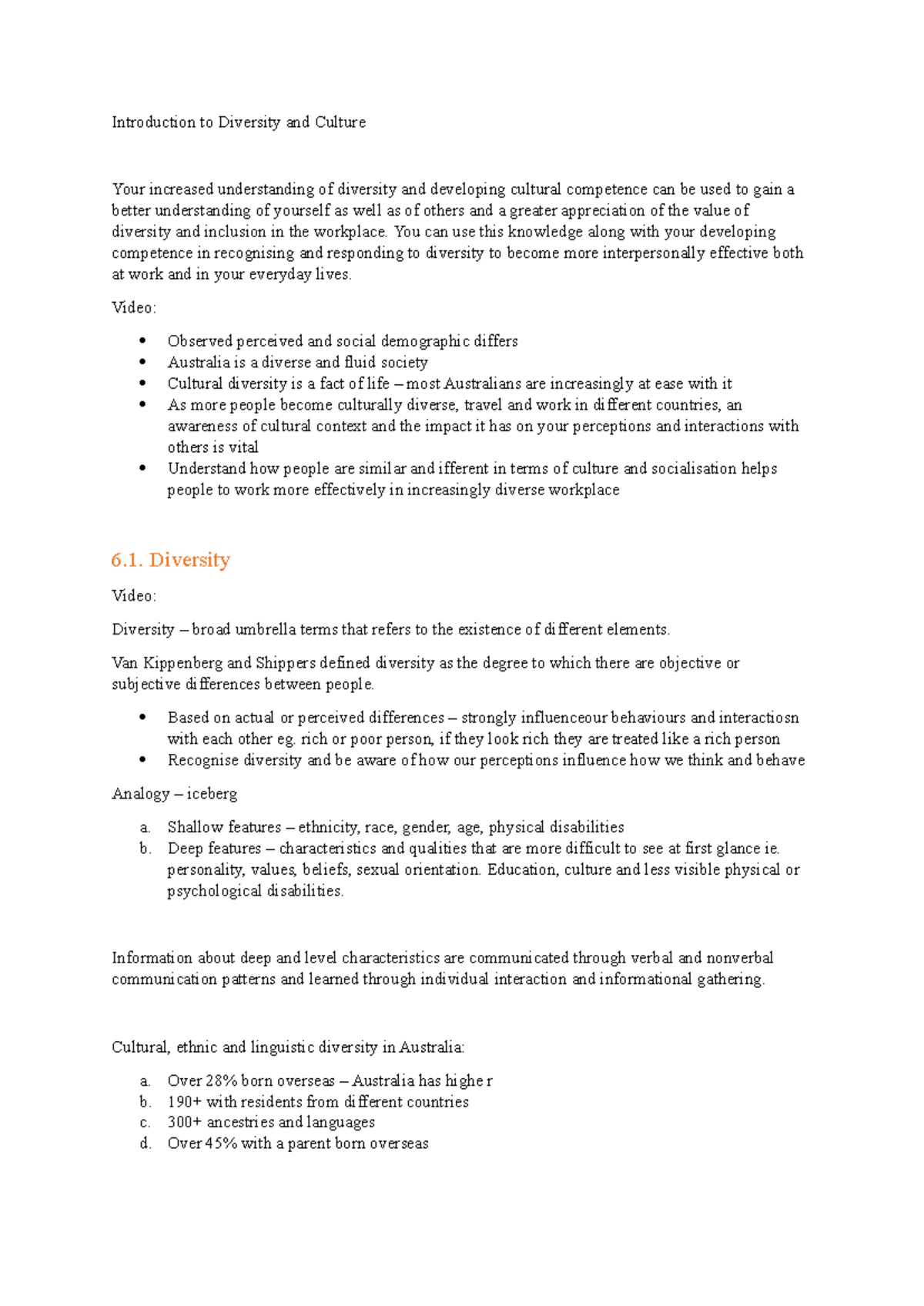 BUSS2000 Module 6 Notes - Introduction to Diversity and Culture Your ...