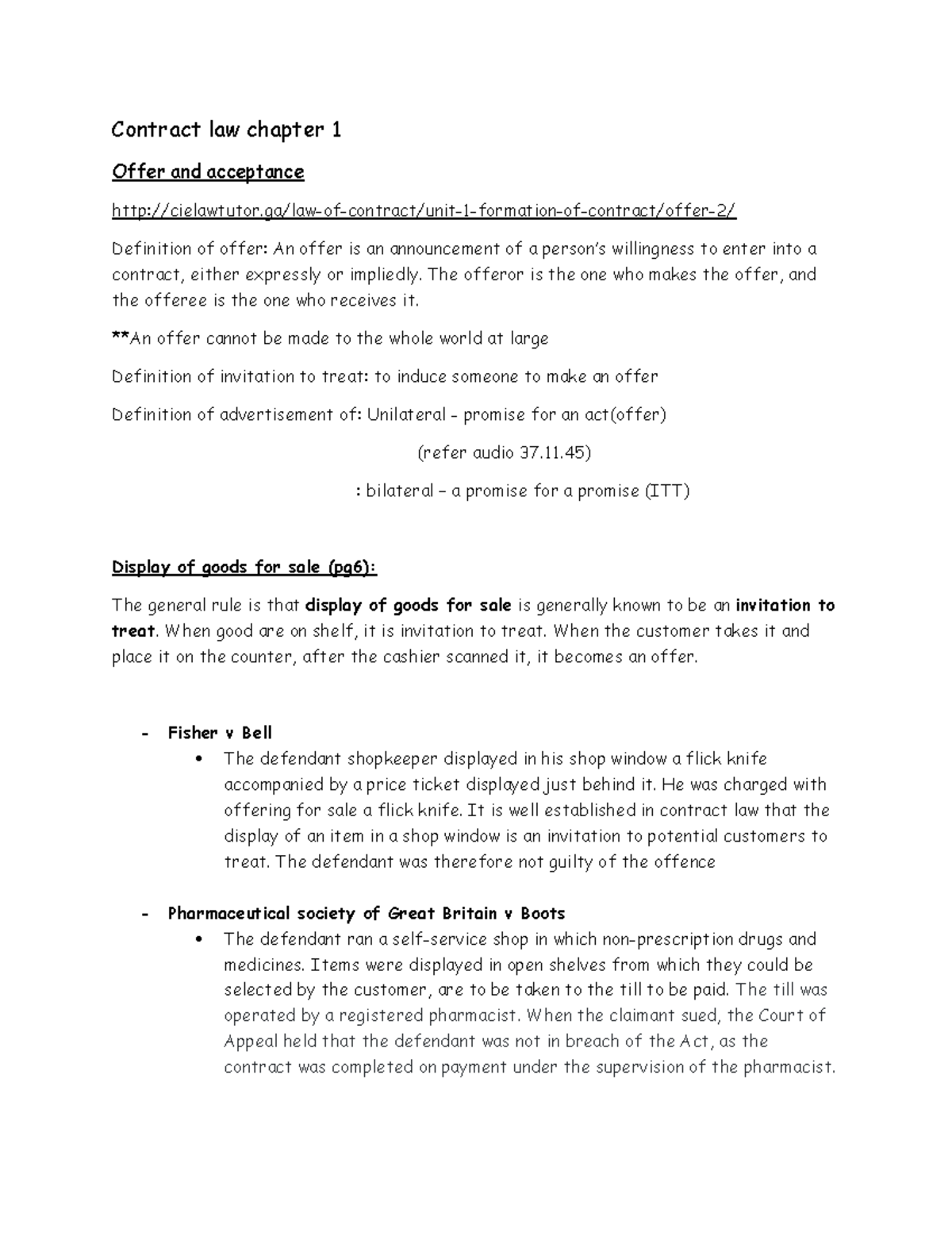 Contract Law Chapter 1 - Lecture Notes 1 - Contract Law Chapter 1 Offer ...