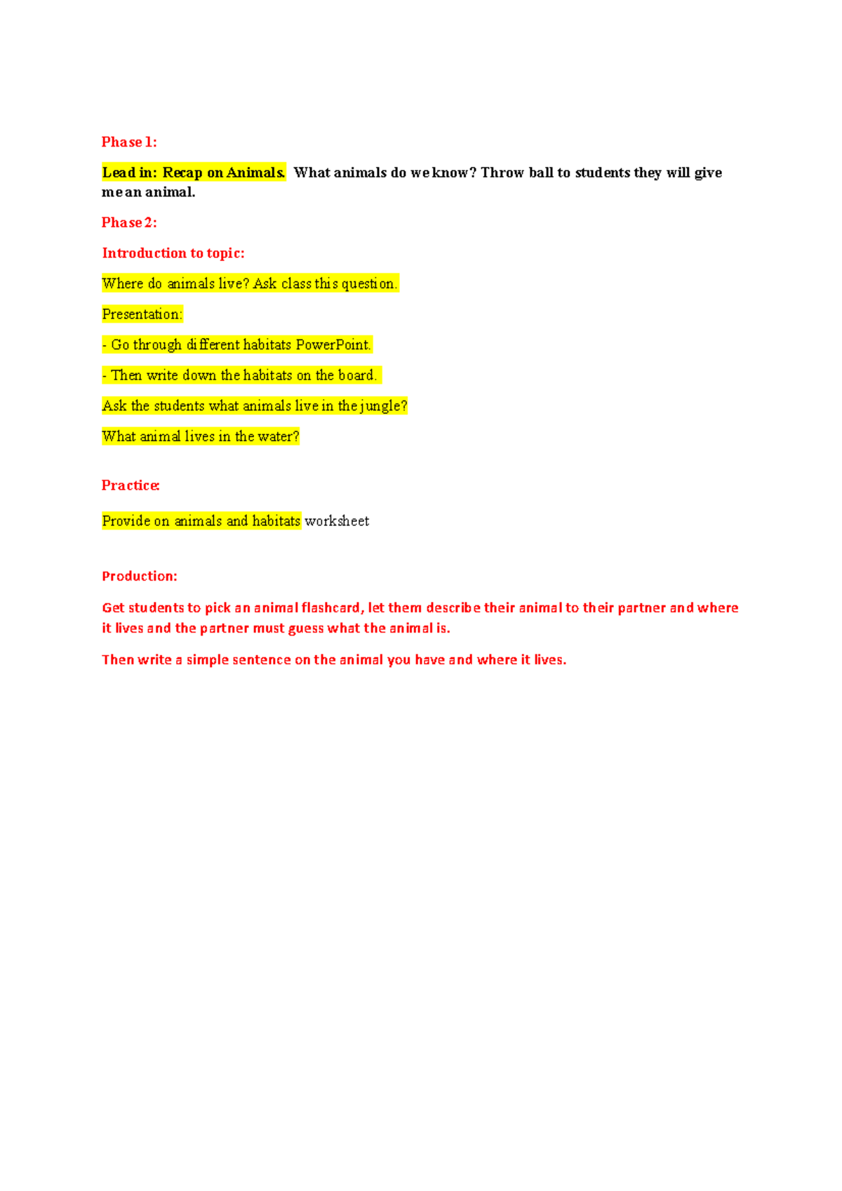 Week 1 lesson plan - Phase 1: Lead in: Recap on Animals. What animals ...