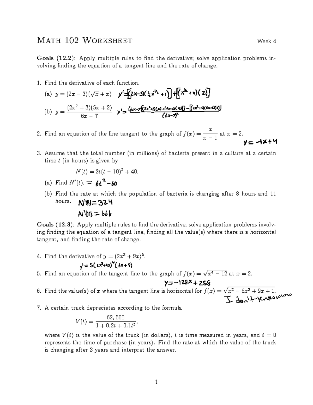 Math 102 Recitation Part4 - Math 102 Worksheet Week 4 Goals (12): Apply ...