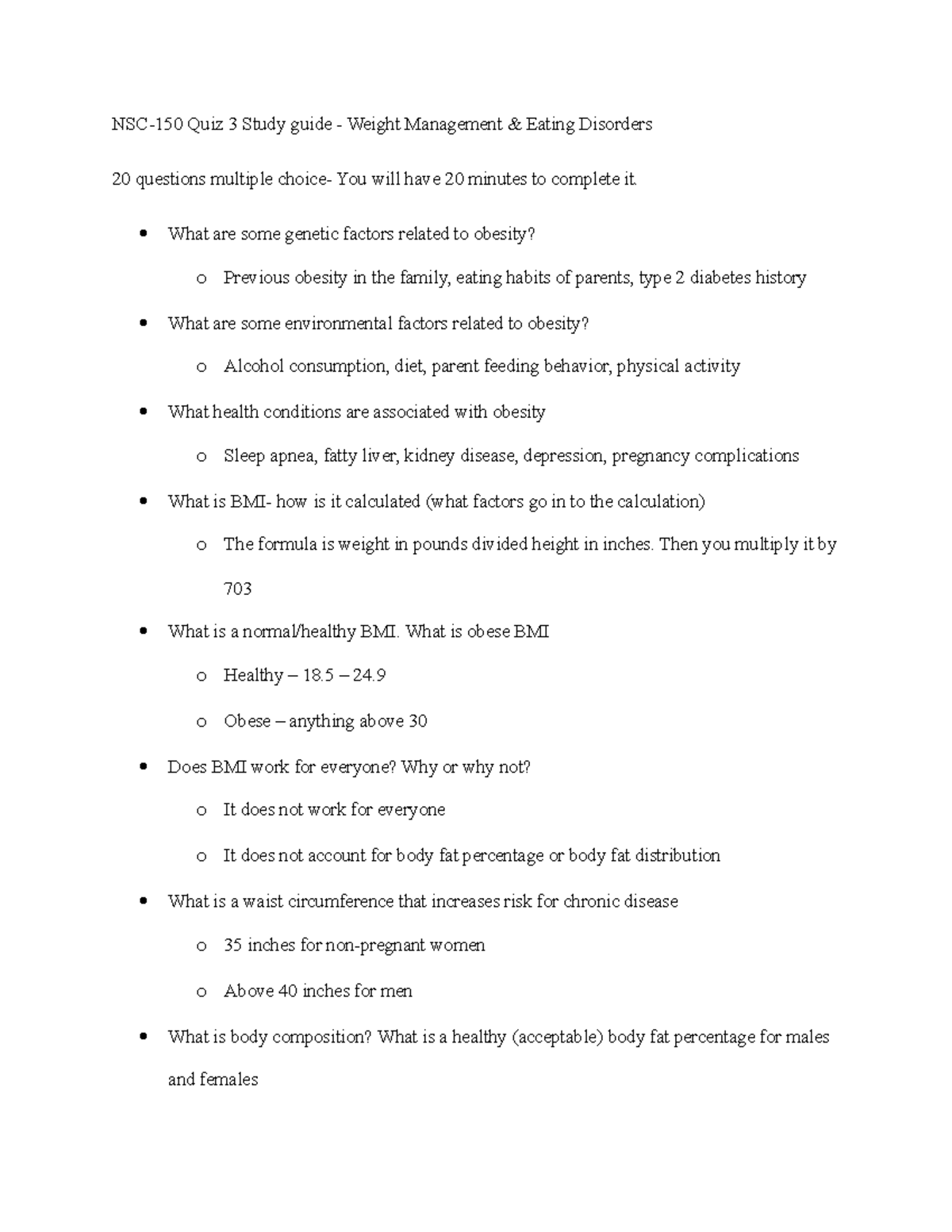 Quiz 3 Study guide weight management eating disorders (22) NSC150