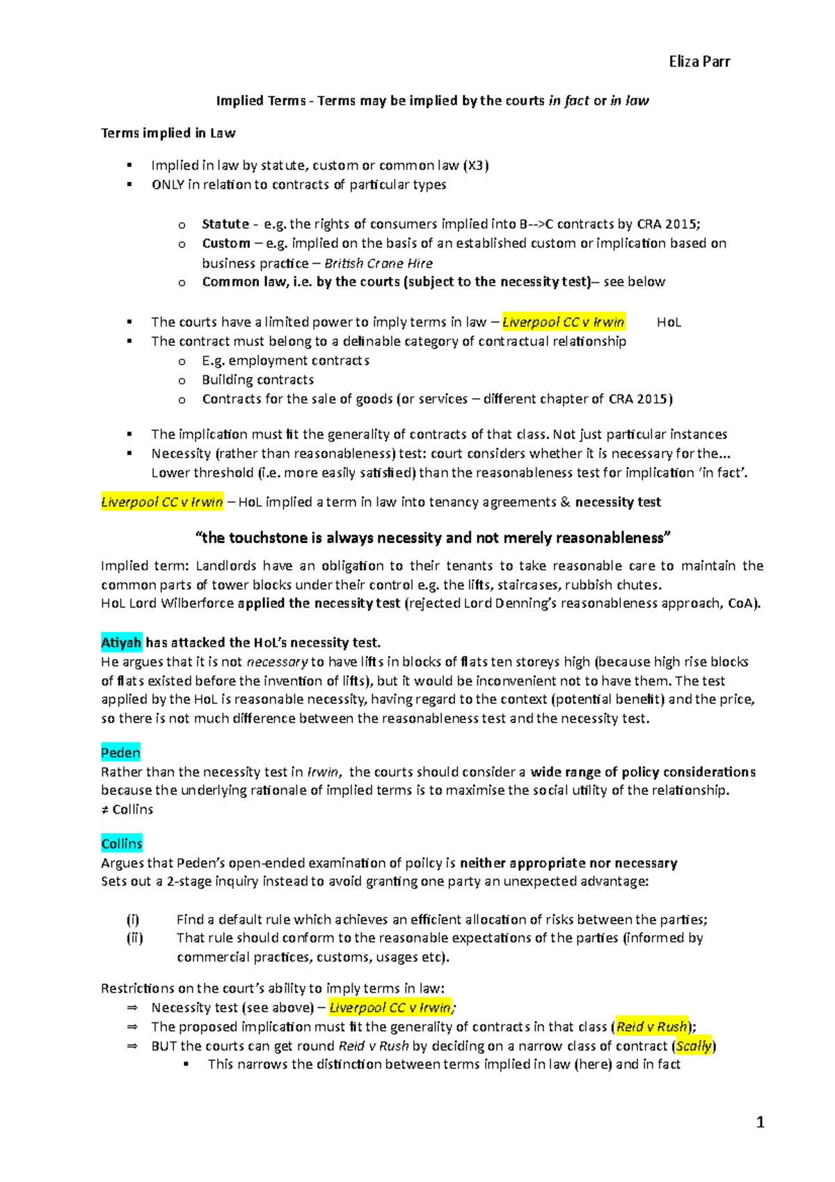 Contents Of Contract Implied Terms Revision Notes Implied Terms 