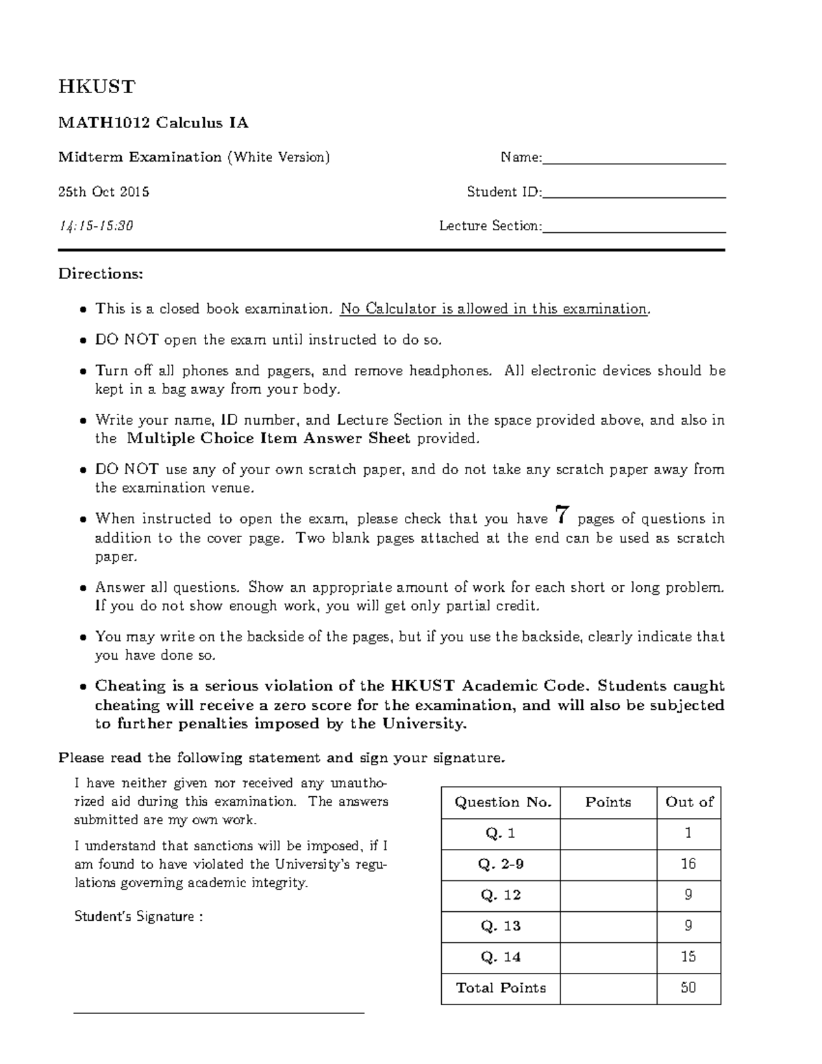 Midterm exam Fall 2015, questions and answers - HKUST MATH1012 Calculus ...