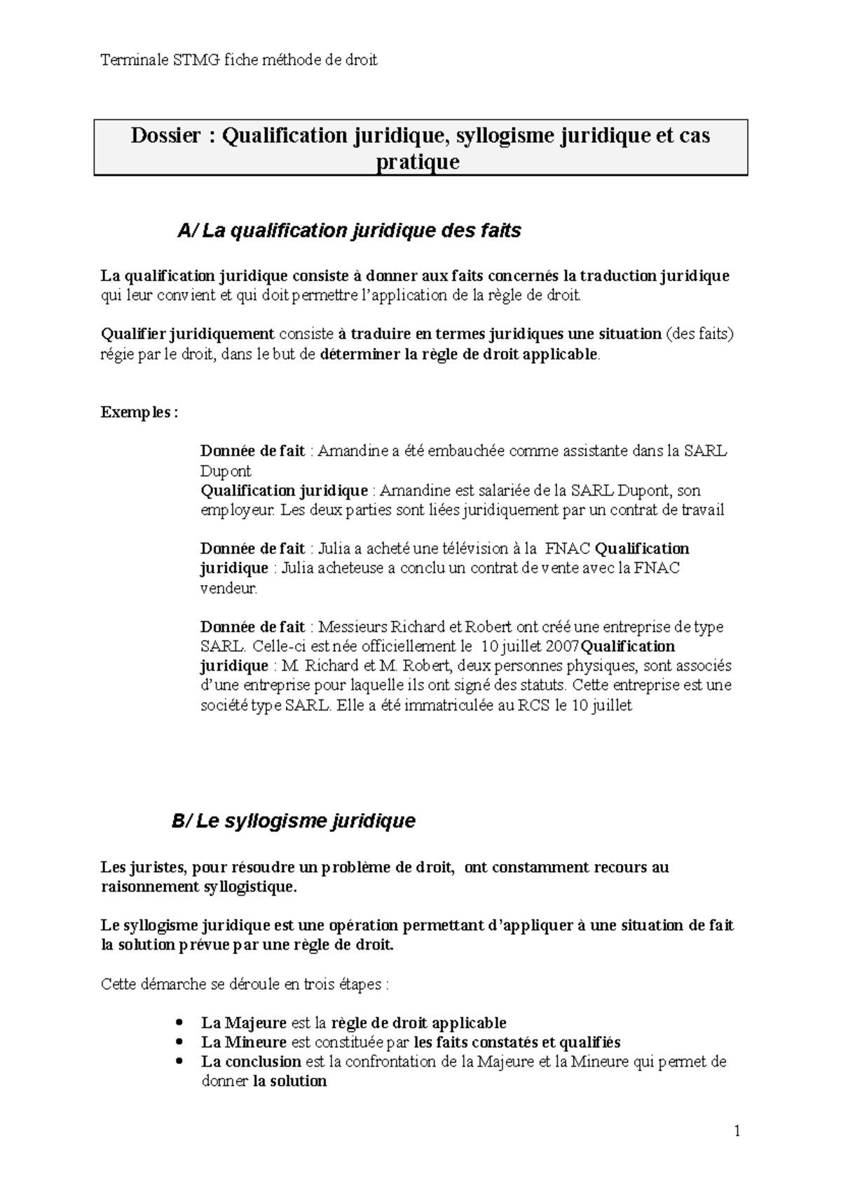 Qualification Juridique Et Syllogisme Non Corrig Dossier Qualification Juridique