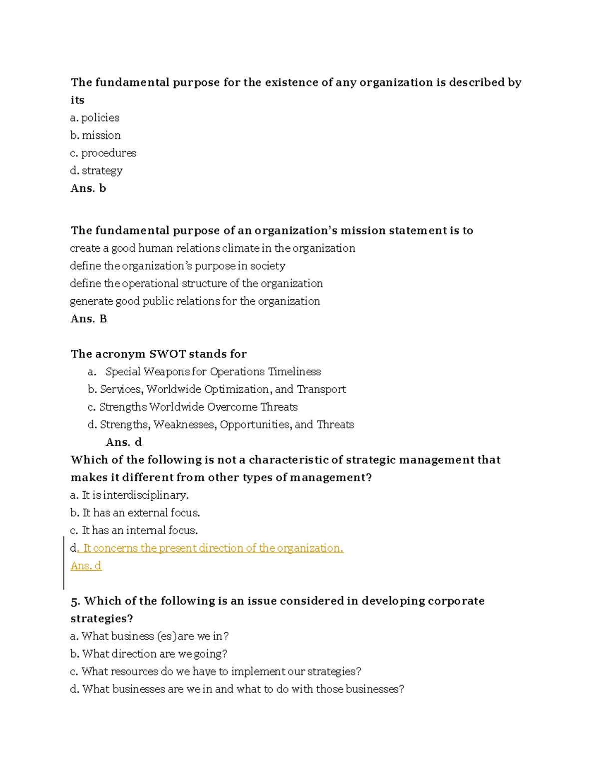 Quiz Of Chapter-1 - The Fundamental Purpose For The Existence Of Any ...