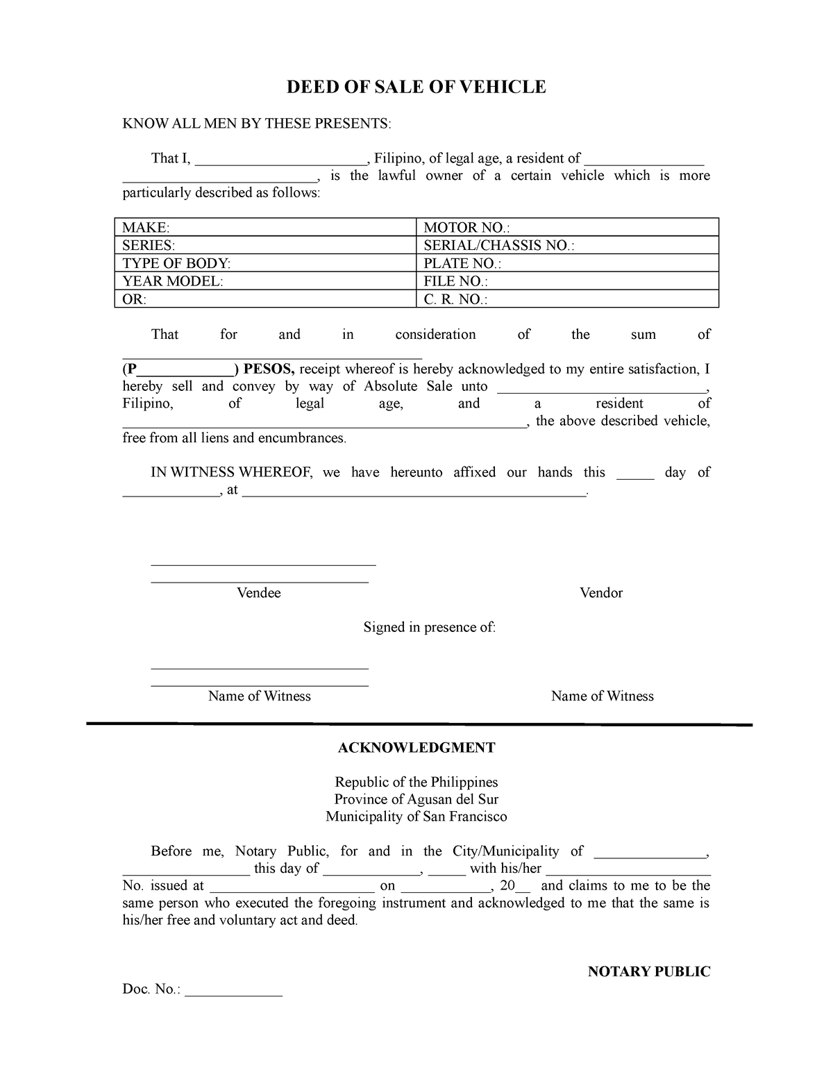 DEED OF SALE 2022 - DEED OF SALE OF VEHICLE KNOW ALL MEN BY THESE ...