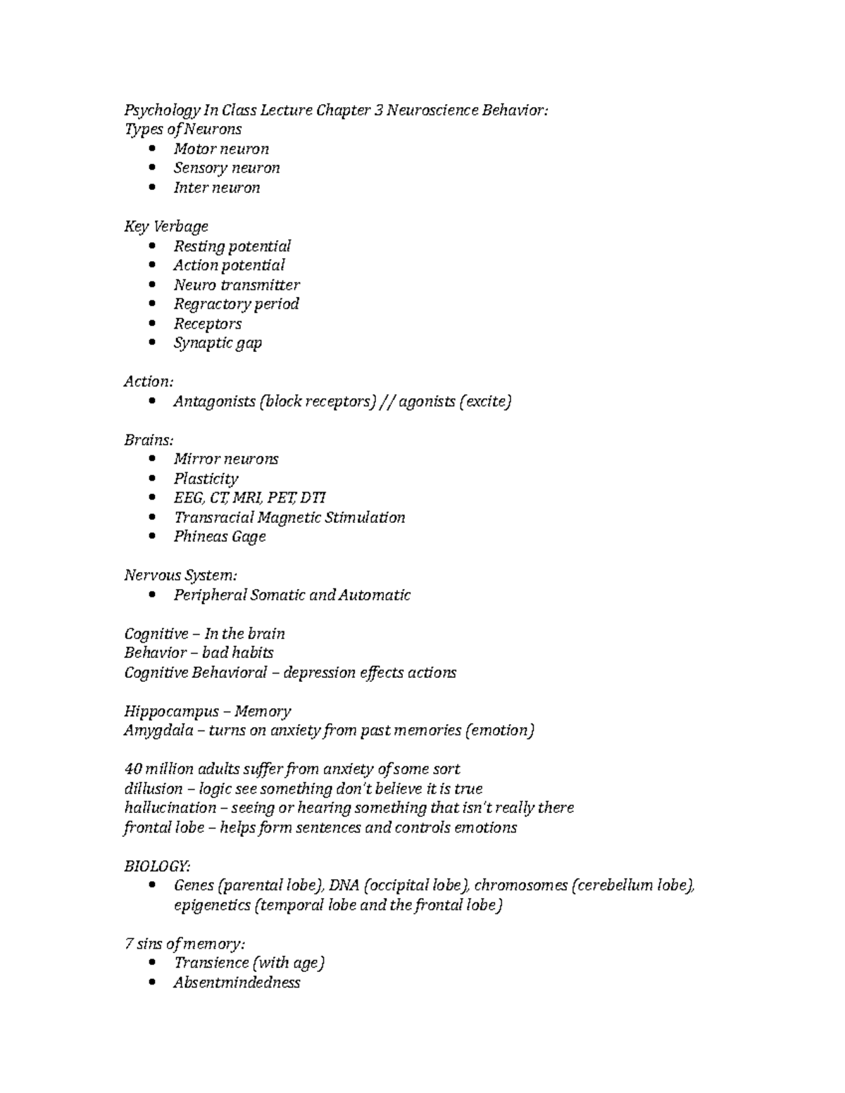 Ch3 Psychology Brain - Lecture notes 3 - Psychology In Class Lecture ...